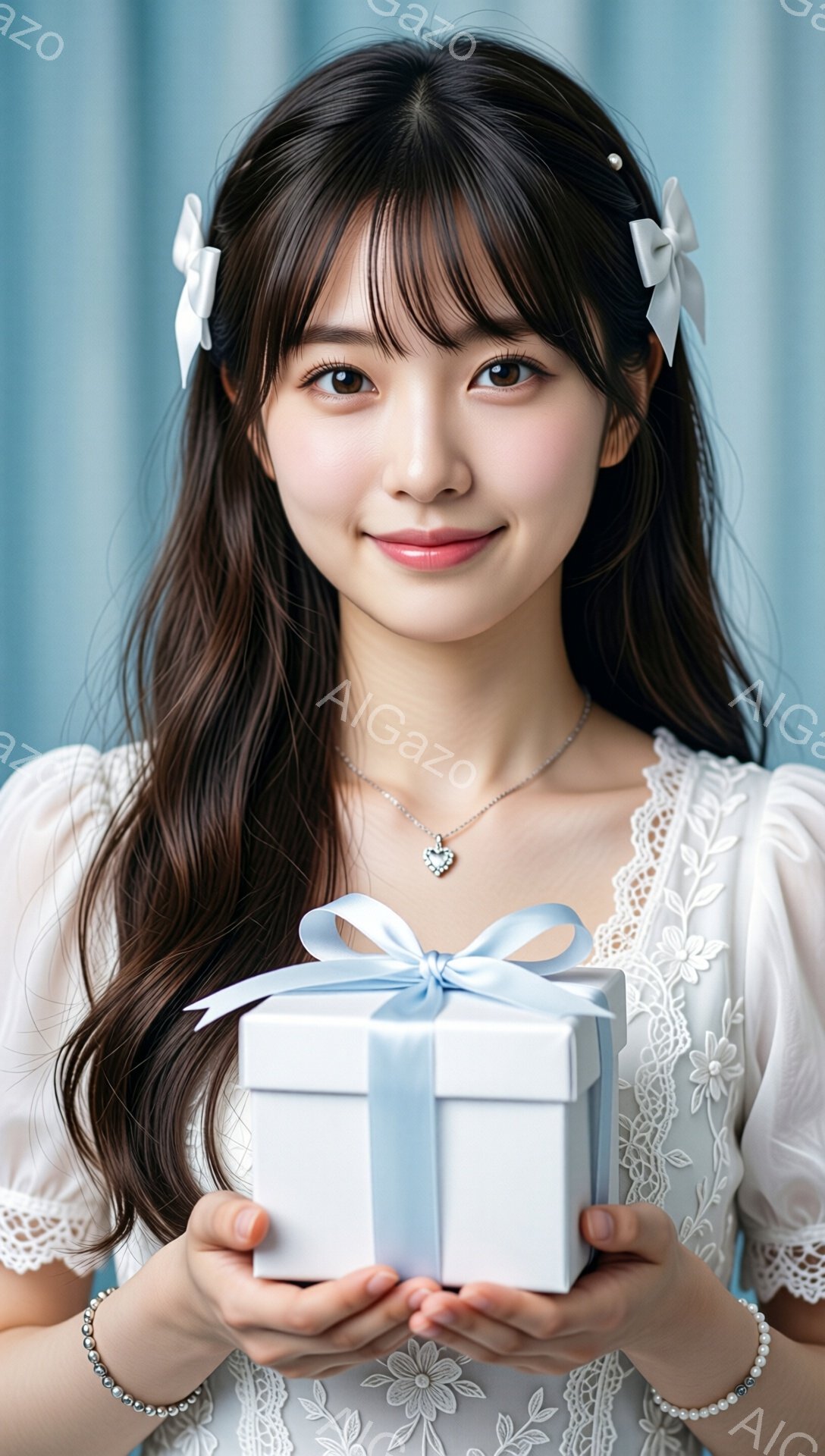 長い黒髪に白いリボンをつけており、笑顔でプレゼントの箱を両手で抱えています。白いレースが施されたドレスを着ており、ネックレスとブレスレットも身につけています。背景は淡い青色で、全体的に柔らかく上品な雰 - AI生成フリー素材
