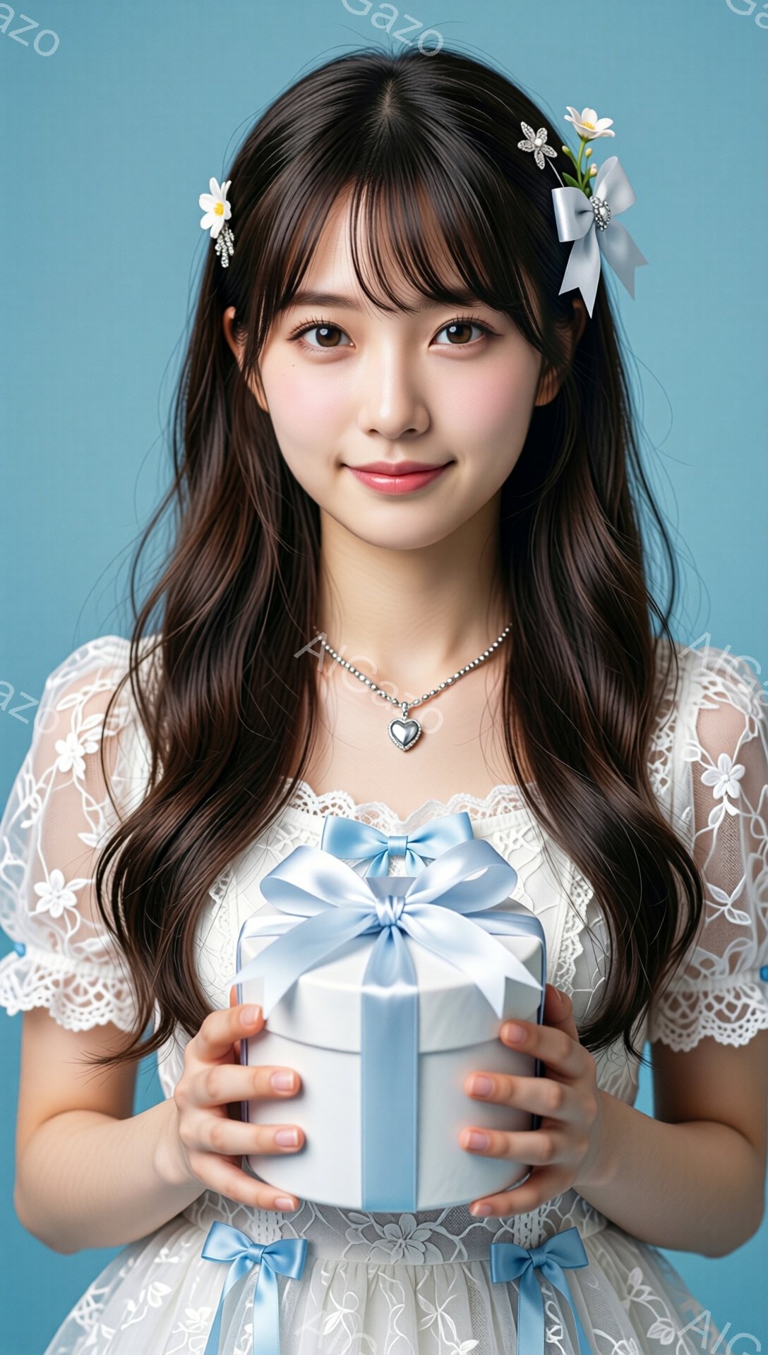 長いダークブラウンの髪に白い花飾りをつけ、レースの可愛らしいドレスを着た若い女性が、空色のリボンで結ばれた四角い箱を両手で抱えています。彼女は微笑んでおり、穏やかで優しい雰囲気を醸し出しています。背景は淡い水色で、人物に焦点が当たっています。