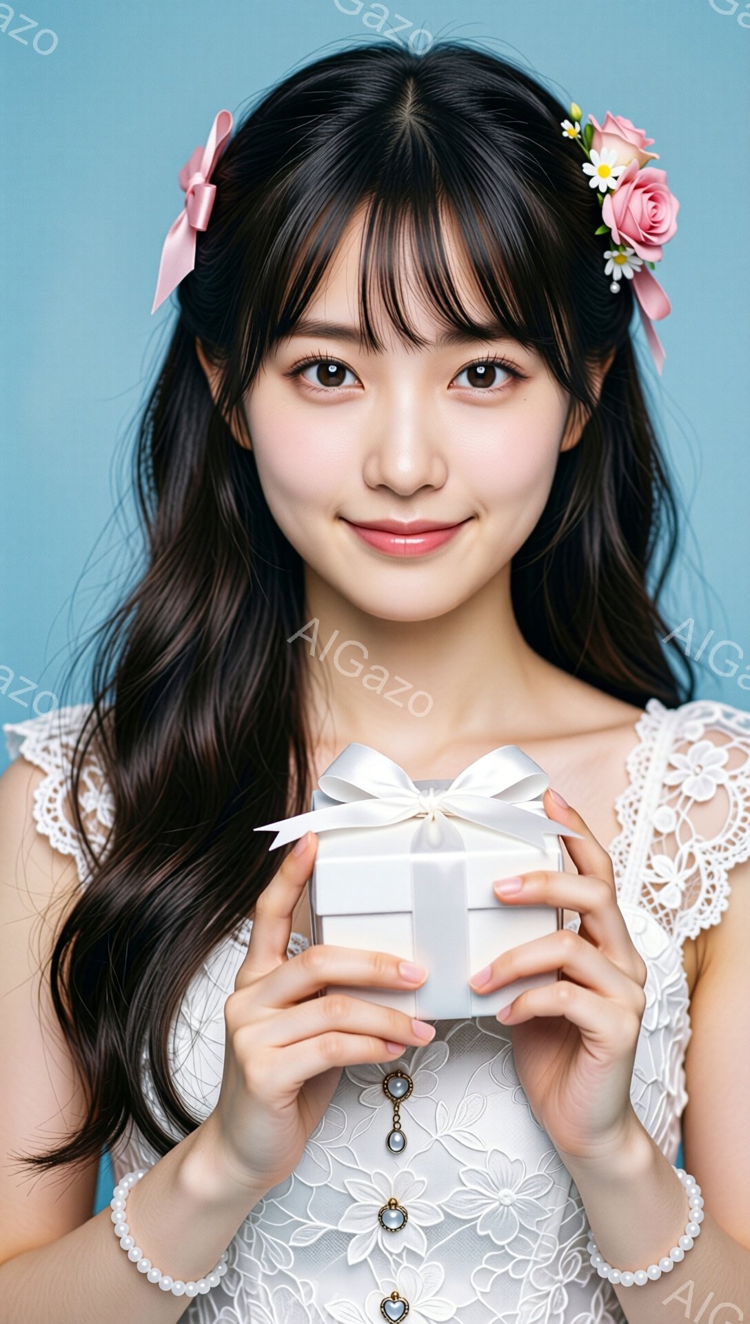 長い黒髪にピンクの花飾りをつけ、白いレースのトップスを着た若い女性が写っています。彼女は両手で白いリボンで結ばれた小さな白い箱を持って微笑んでおり、優雅で上品な印象を与えます。背景は淡い水色で、女性が際立つようにシンプルな構成になっています。