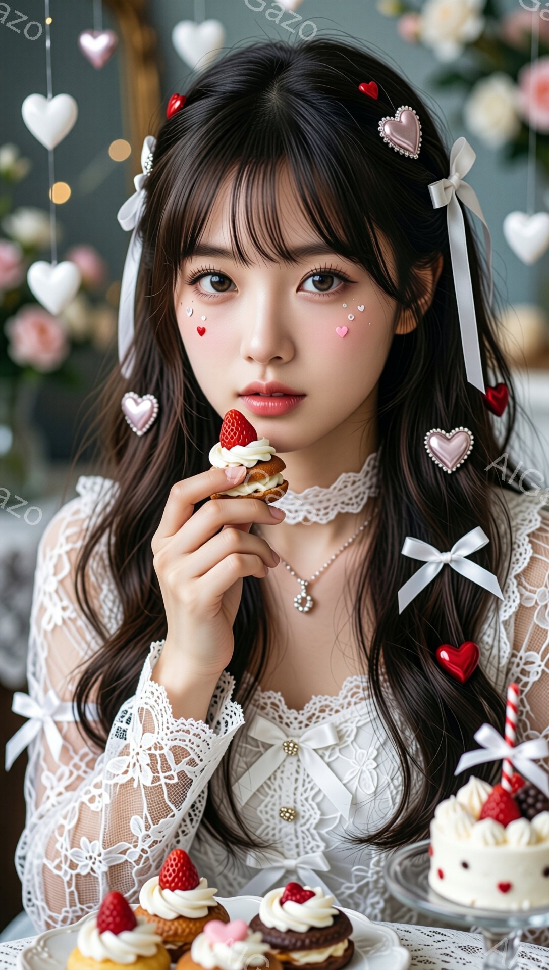 長い黒髪にリボンをあしらった女性が、可愛らしい笑顔でカップケーキを一口かじろうとしている。 レースの襟が特徴的な白いブラウスを身につけ、繊細なネックレスと耳飾りを付けている。 背景には、ハート型の装飾が散りばめられ、甘くてロマンチックな雰囲気が漂っている。
