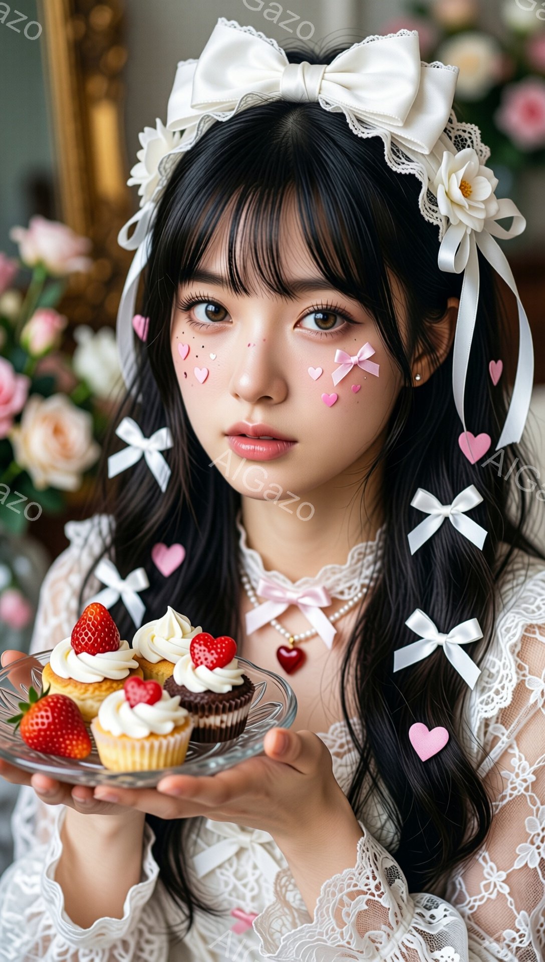 黒髪の女性が、白いレースの襟とフリルが特徴のドレスを着て、可愛らしい表情をしています。彼女は頭に大きなリボンと花飾りをつけ、頬にはハート型のグリッターが散りばめられています。手にはイチゴが飾られたカップケーキを乗せたお皿を持ち、優雅で甘い雰囲気を醸し出しています。