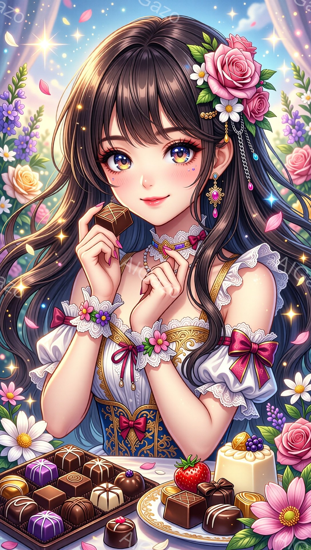 長い黒髪にピンクの花飾りをつけた少女が、チョコレートを手に持っています。オフショルダーの白いブラウスとコルセット風のドレスを着ており、耳には豪華なドロップ型のピアスが光ります。テーブルの上には、様々な種類のチョコレートやイチゴ、ケーキが並び、周りには色とりどりの花が咲き乱れ、お祝いムードを演出しています。