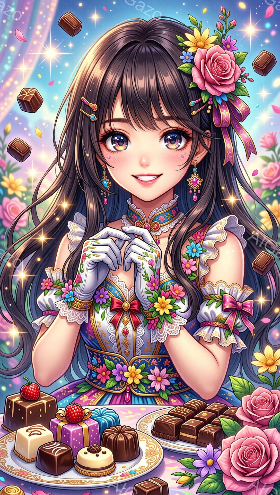 長い黒髪に赤いリボンを飾り、花冠をつけた少女が描かれています。彼女はレースと花柄の美しいドレスを身につけ、白い手袋をはめて両手を重ねています。背景には、様々なチョコレートやケーキ、そして赤いバラが咲き乱れ、お祝いムードを演出しています。