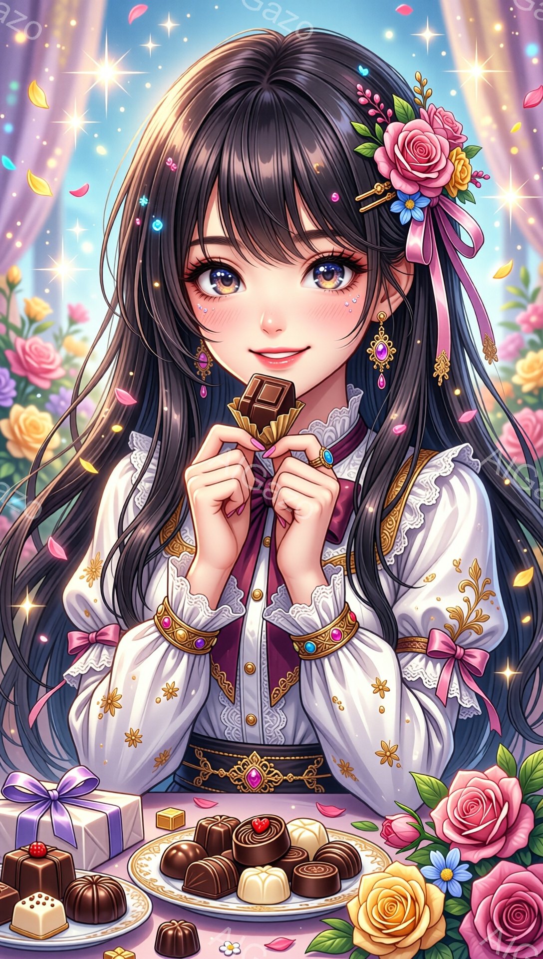 長い黒髪にピンク色の花飾りをつけた少女が、チョコレートを手に持っています。オフホワイトのフリル襟のドレスを着ており、耳には金色の装飾が輝いています。背景にはカラフルな花々が咲き乱れ、チョコレートが並ん - AI生成フリー素材