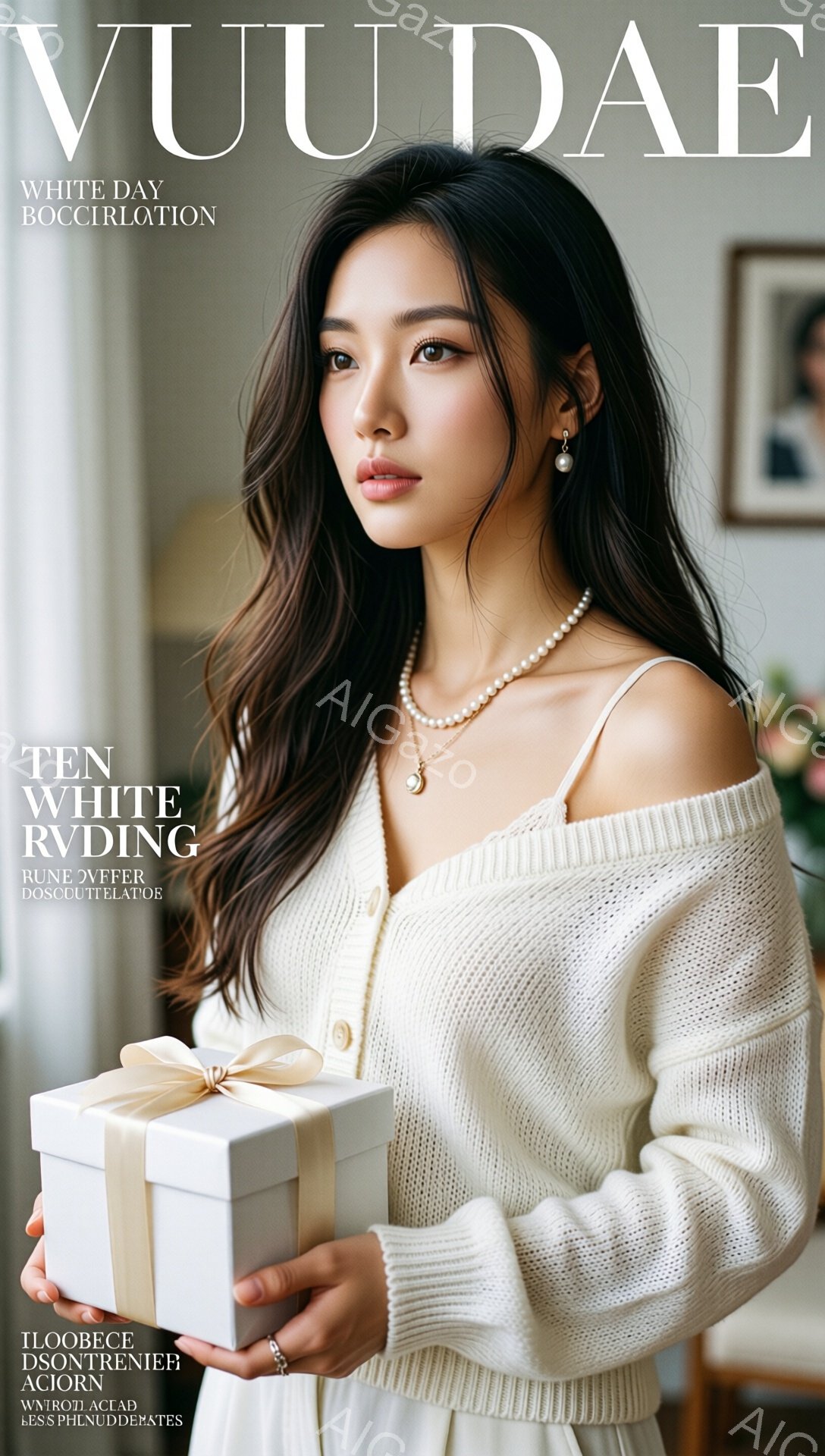 白い背景を背景に、女性がパールネックレスとイヤリングを身に着け、白いニットのトップスを着ています。彼女は微笑んでおり、左手にリボンで飾られた白いギフトボックスを持っています。背景にはぼやけた絵画と室内装飾が見え、全体的に柔らかく上品な雰囲気が漂っています。