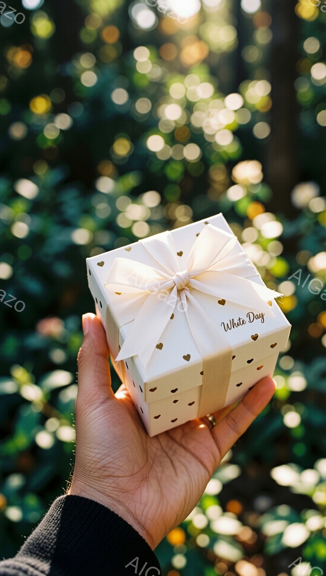 緑豊かな背景をぼかした中で、女性の手が、金色の水玉模様とリボンが飾られた白いギフトボックスを高く掲げています。黒いニットの袖が少し見えており、贈り物を受け取るまたは贈る瞬間を捉えています。全体的に、暖かく優しい雰囲気で、バレンタインやホワイトデーといった特別な機会を彷彿とさせます。
