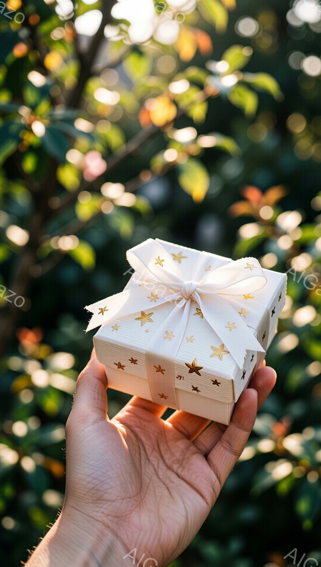 一人の手が、星柄の白いギフトボックスを握っています。ギフトボックスには、淡いクリーム色のリボンが結ばれており、背景にはぼやけた緑の葉が広がり、柔らかい自然光が差し込んでいます。温かく、穏やかな雰囲気が - AI生成フリー素材