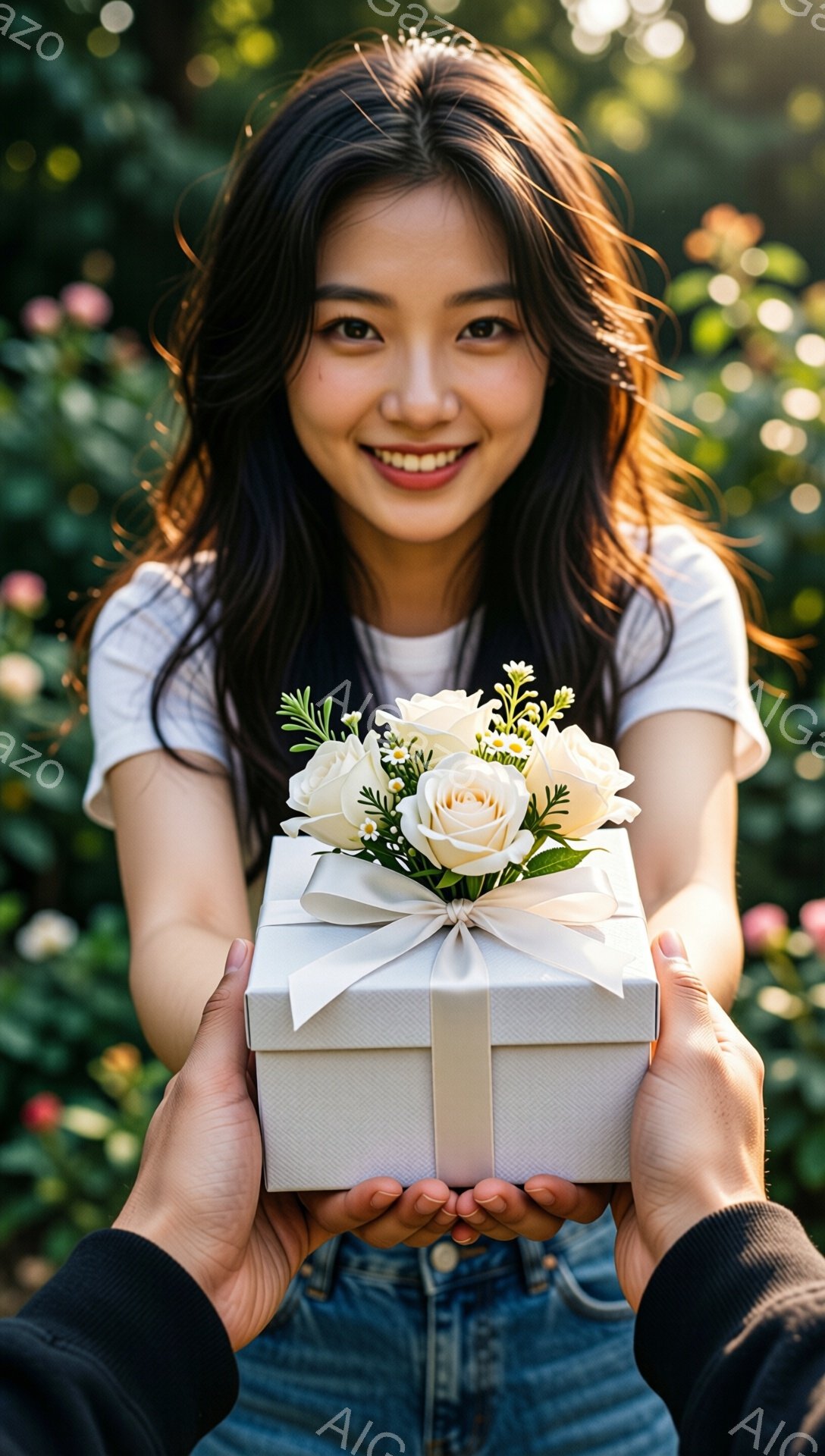長い髪を無造作に垂らした若い女性が、笑顔でプレゼントの箱を差し出しています。箱は白い包装紙で包まれ、白と黄色の花々で飾られたブーケが添えられています。背景には緑豊かな植物がぼやけており、明るい日差しが差し込み、温かく優しい雰囲気を醸し出しています。