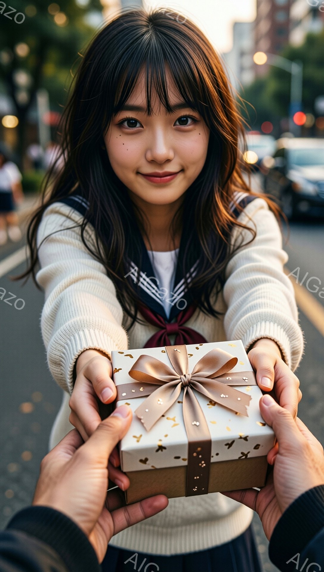長い黒髪で前髪を作った若い女性が、ラッピングされたギフトボックスを手前に差し出している。彼女はセーラーカラーの白いニットセーターと紺色のスカートを着ており、穏やかな笑顔を浮かべている。背景には、ぼやけた都市の風景と、夕暮れ時の薄明るい光が広がっている。