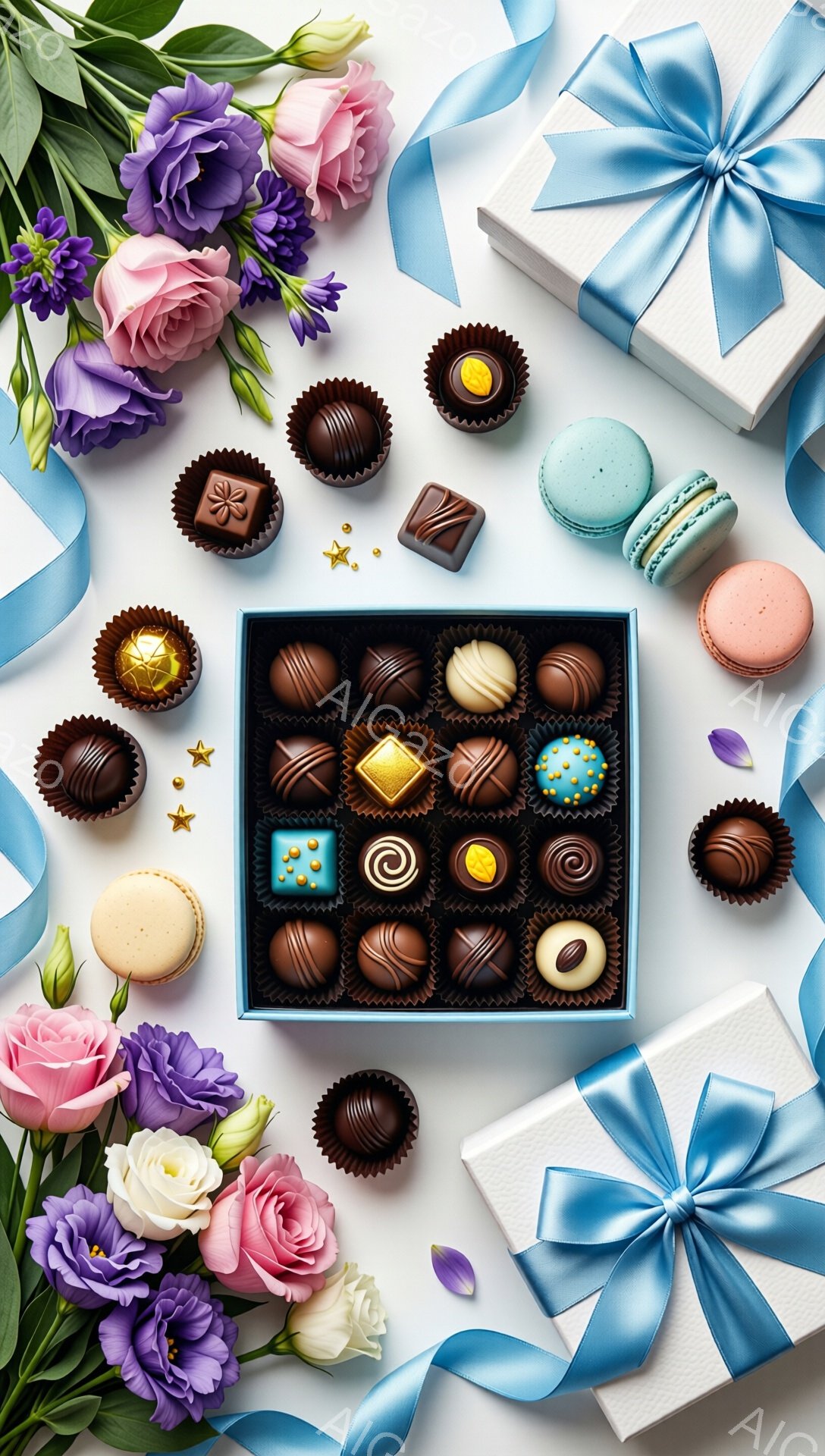 真っ白な背景に、青いリボンで結ばれた白いギフトボックスと、チョコレートが並んだ青い箱、そしてマカロンやバラの花が配置されています。チョコレートは様々なデザインで、見た目も華やかで、まるで宝石箱のようです。全体的にパステルカラーで統一されており、優雅でロマンチックな雰囲気を醸し出しています。