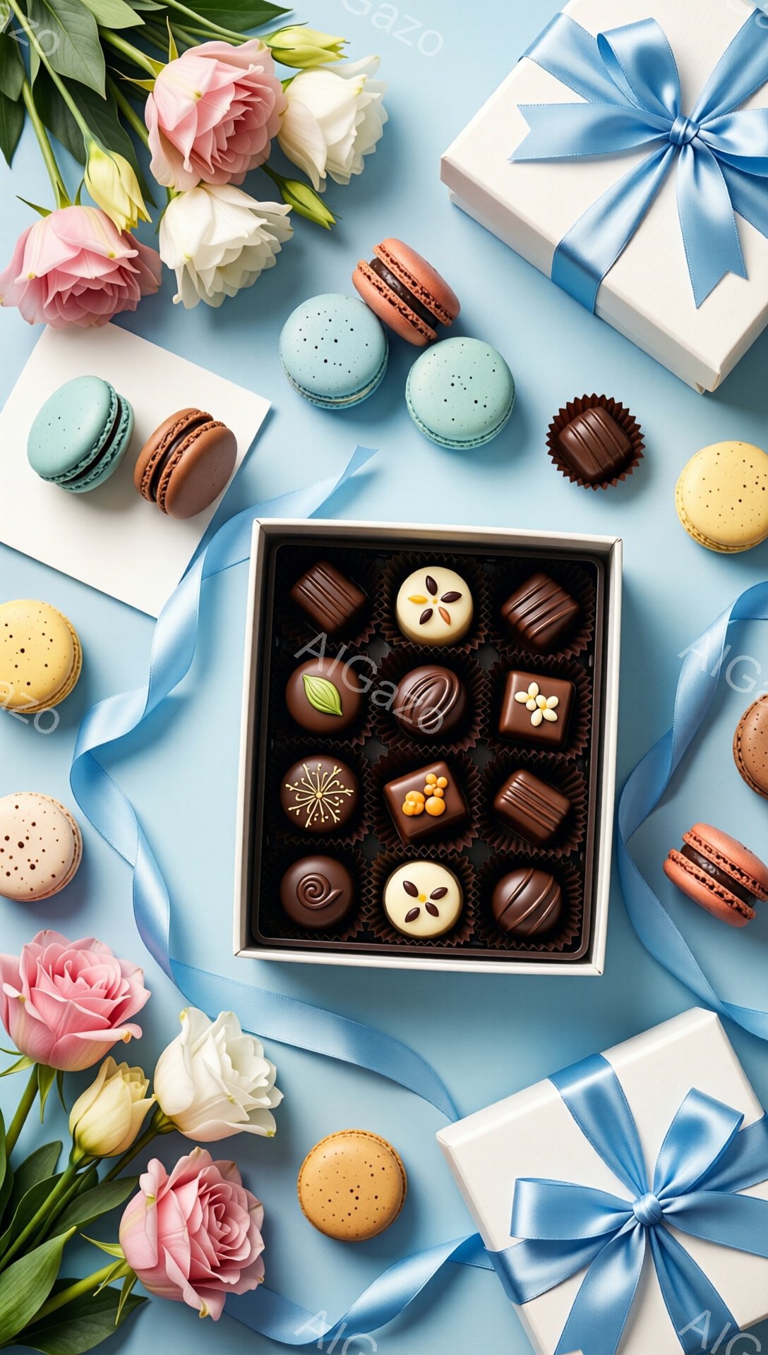 淡い水色の背景に、マカロンやチョコレート、バラの花、そしてリボンで飾られたギフトボックスが配置されています。チョコレートは様々なデザインで、まるで宝石箱のように輝き、マカロンはパステルカラーで可愛らしさを添えています。全体的に柔らかく甘い雰囲気が漂い、特別な日のプレゼントや、優雅なティータイムを連想させます。