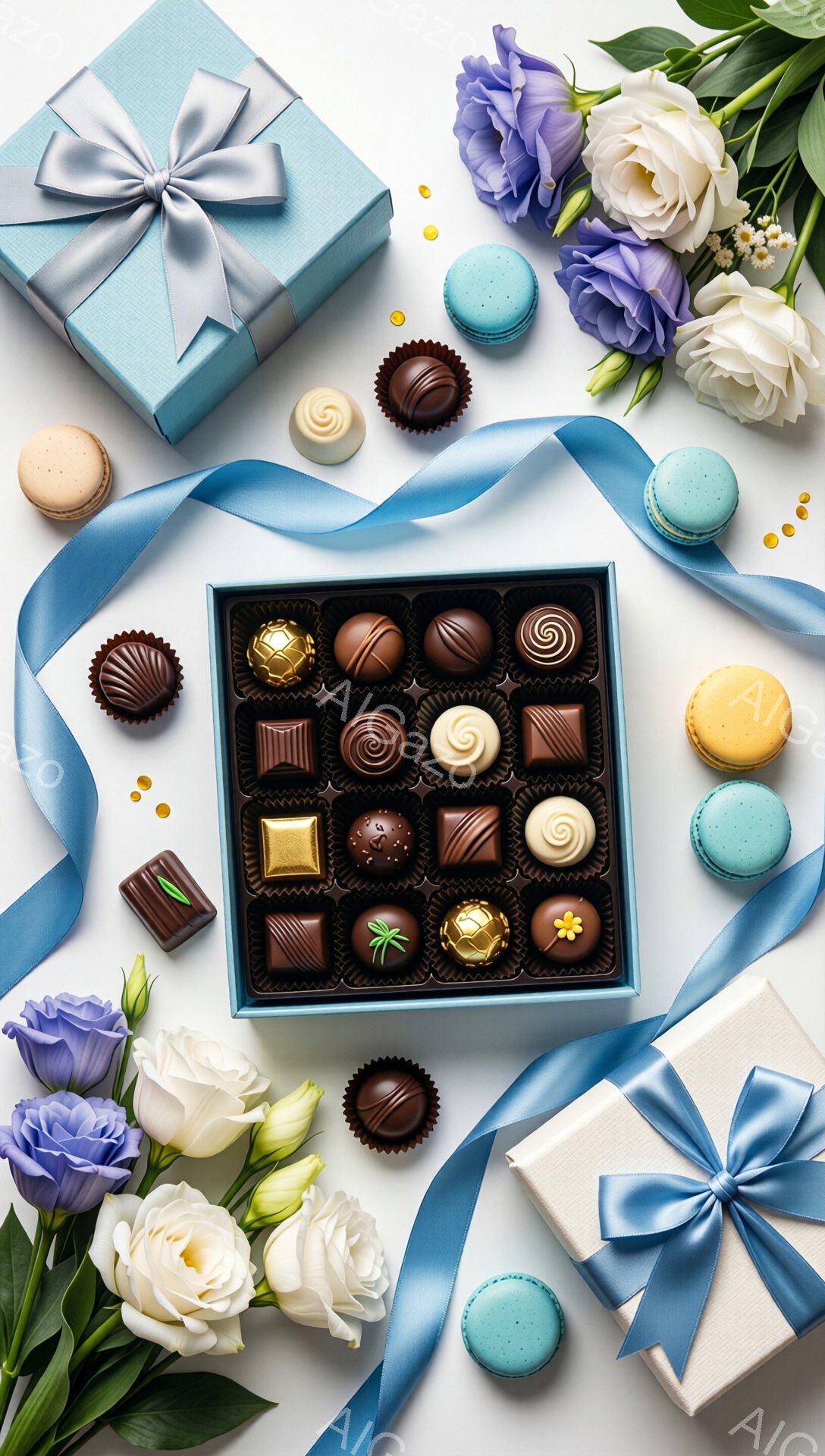 白い背景に、青いリボンで結ばれたギフトボックスと、様々なチョコレート、マカロン、花が配置された俯瞰図です。チョコレートは、明るい色合いと幾何学的な模様で美しく並べられており、マカロンと花がアクセントとして添えられています。全体的に、繊細で上品な、お祝い事やプレゼントを連想させる雰囲気です。