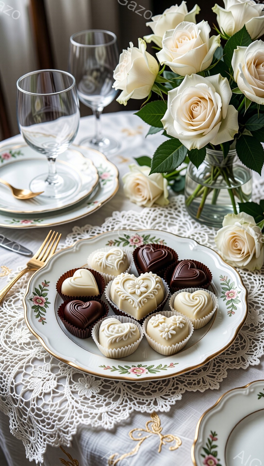 白いバラの花が飾られたテーブルの上に、繊細な模様のチョコレートが並べられたお皿があります。テーブルクロスはレースで覆われ、背後にはワイングラスと別の装飾的な皿が見えます。全体的に優雅で落ち着いた雰囲気が漂い、特別な日のティータイムを連想させます。