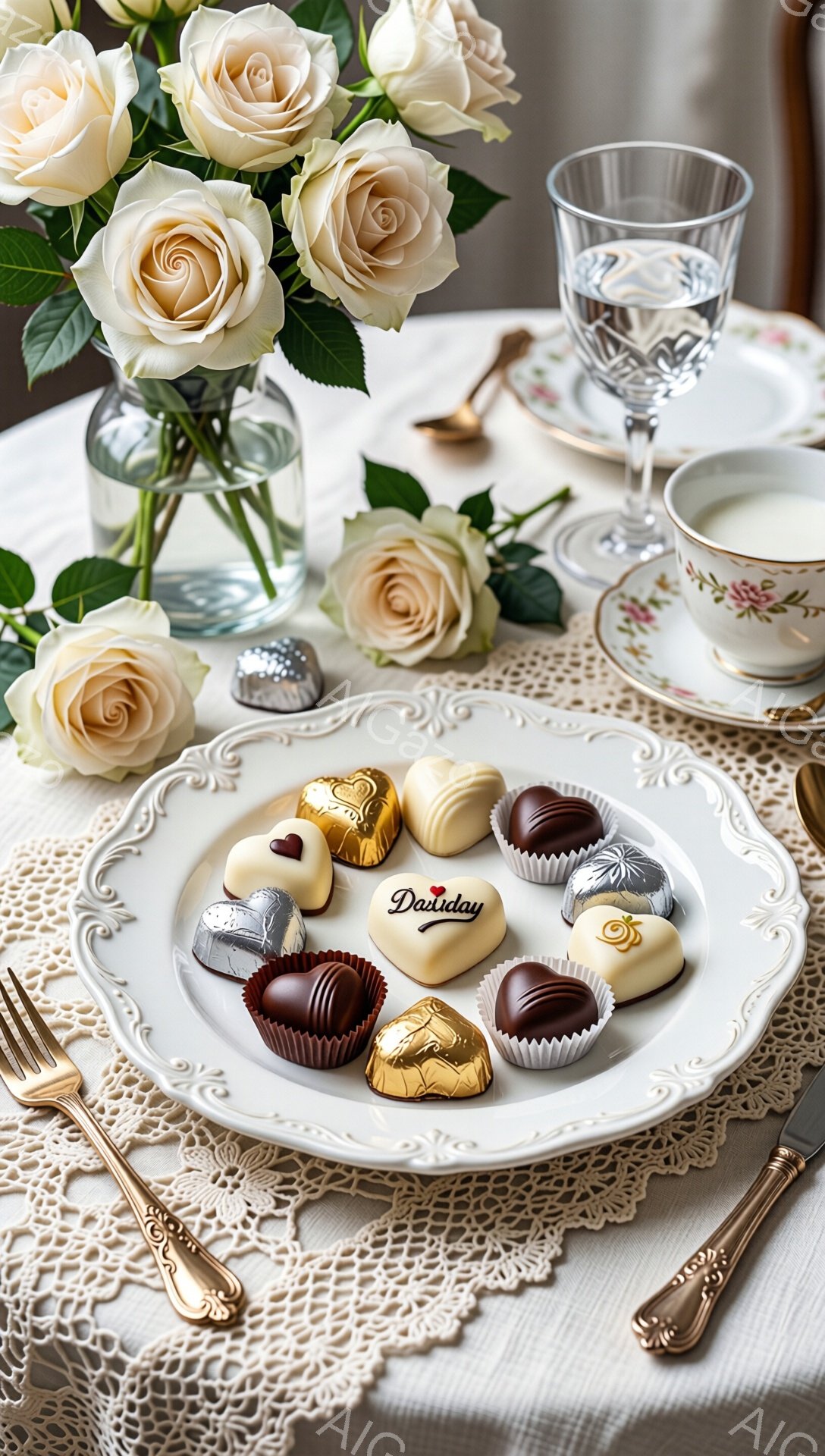 白いレース編みのテーブルクロスの上に、様々なチョコレートが並べられた白い皿が置かれています。背景には、白いバラの花束が飾られた花瓶と、繊細な模様が描かれたティーカップ、そして銀色のカトラリーが見えます。全体的に上品で優雅な雰囲気が漂い、特別な日のティータイムを思わせます。