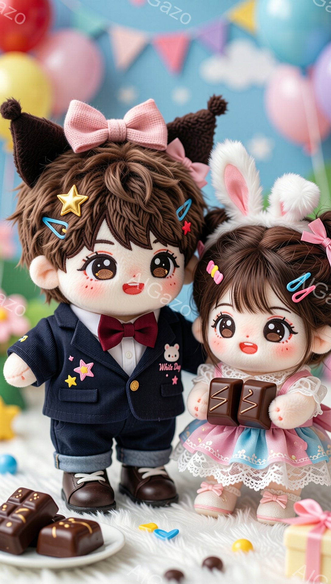 ふわふわの髪の毛を持つ2体の可愛い人形が、チョコレートに囲まれてポーズをとっています。男の子は紺色の制服に金色の星の飾りをつけ、女の子はピンク色のフリルのドレスを着ています。背景はパステルカラーの装飾が施され、全体的に甘くて夢のような雰囲気が漂っています。
