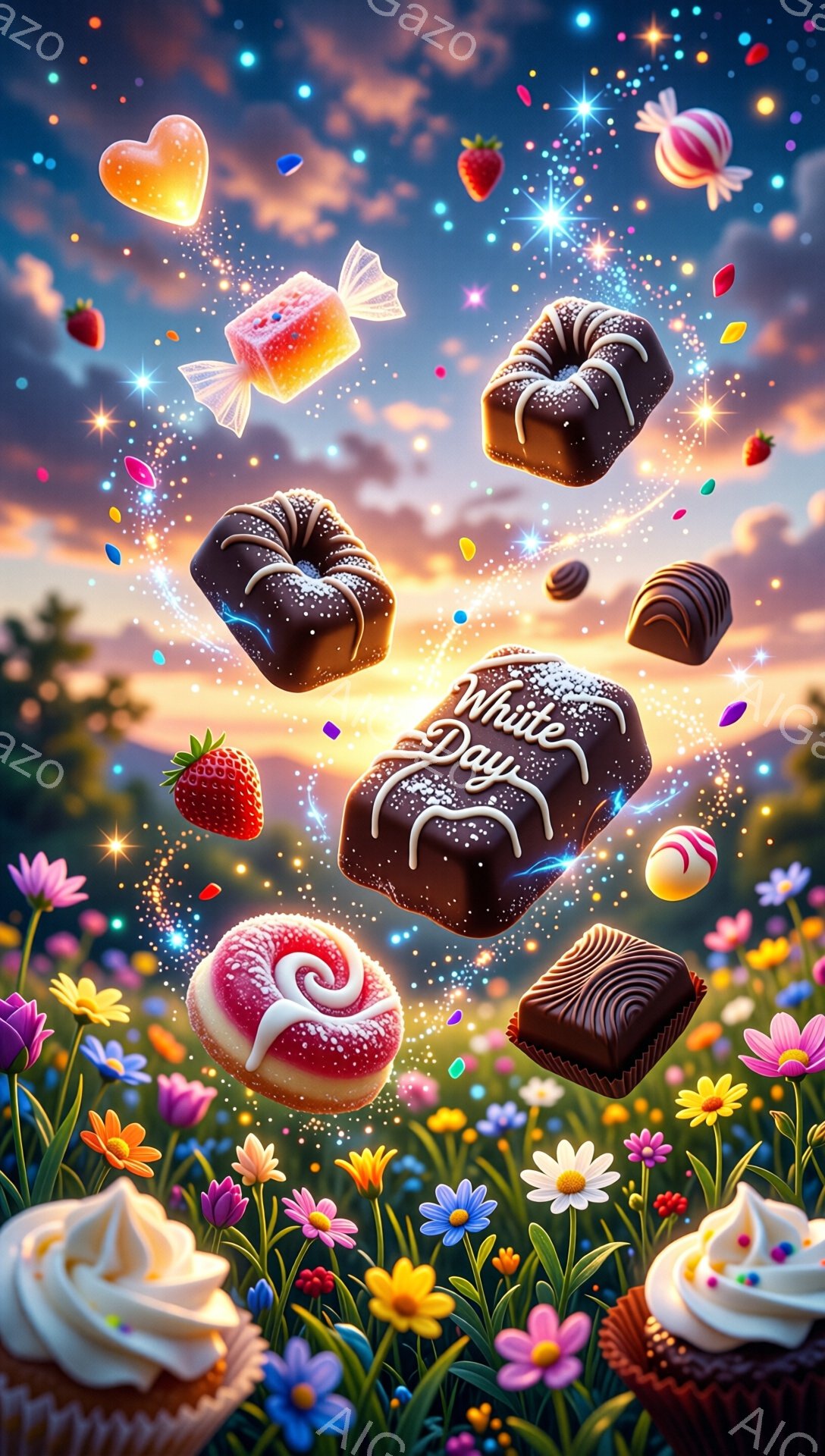 広大な花畑を背景に、様々なチョコレート菓子やイチゴが空中に浮かんでいます。夕焼けのような暖色系の背景と、輝く光のエフェクトが甘くロマンチックな雰囲気を醸し出しており、ホワイトデーを祝うイラストレーションのようです。カラフルな花々が地面を覆い、お菓子たちがまるで祝福の雨のように降り注いでいる印象を与えます。