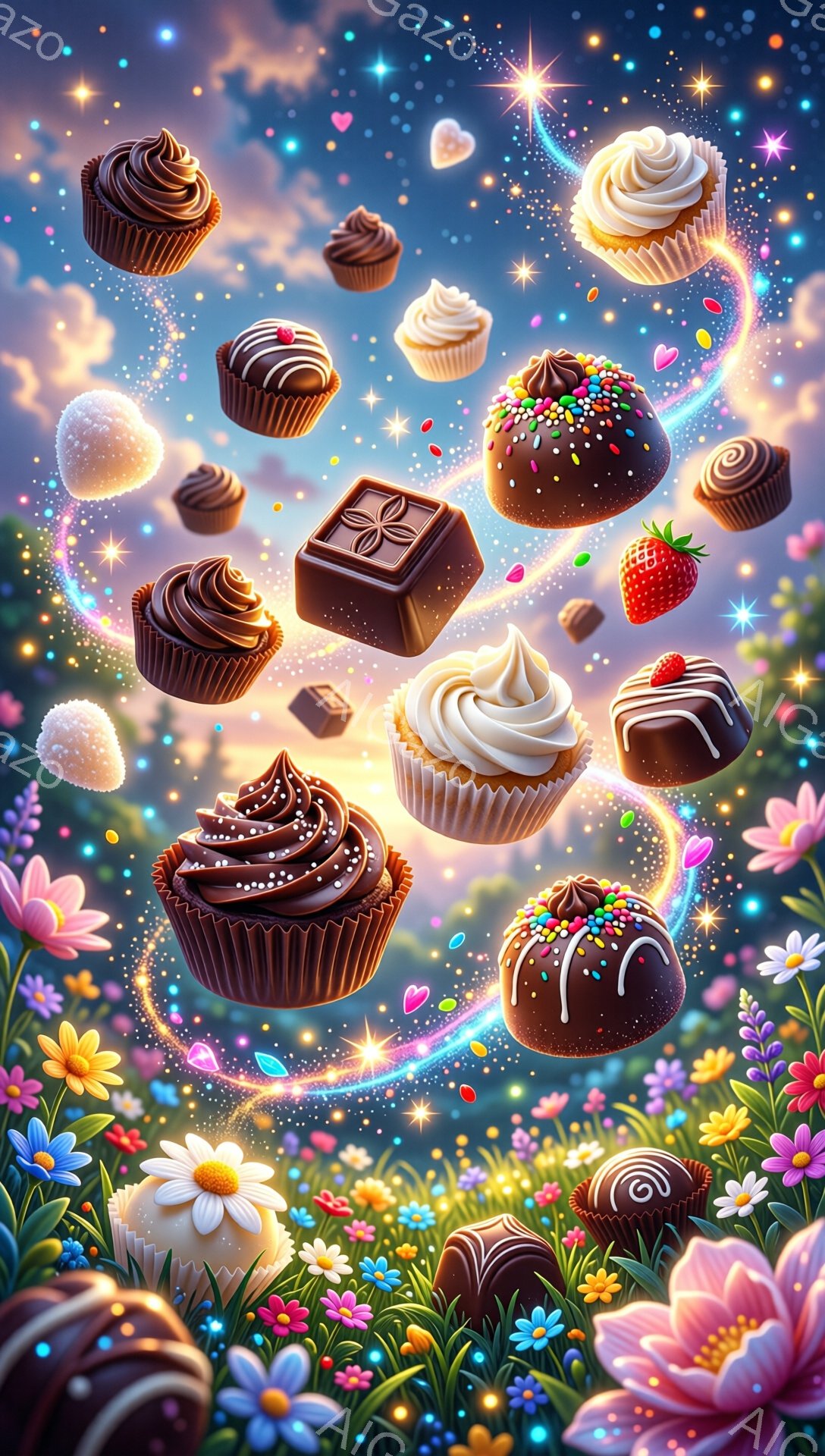 美しい花畑を背景に、様々なチョコレートとカップケーキが空中に舞い上がっています。それぞれのスイーツは、色とりどりのトッピングやクリームで飾られており、キラキラと輝く光が幻想的な雰囲気を醸し出しています。背景は、ピンクと紫色のグラデーションがかった夕焼け空で、花々とのコントラストが印象的です。