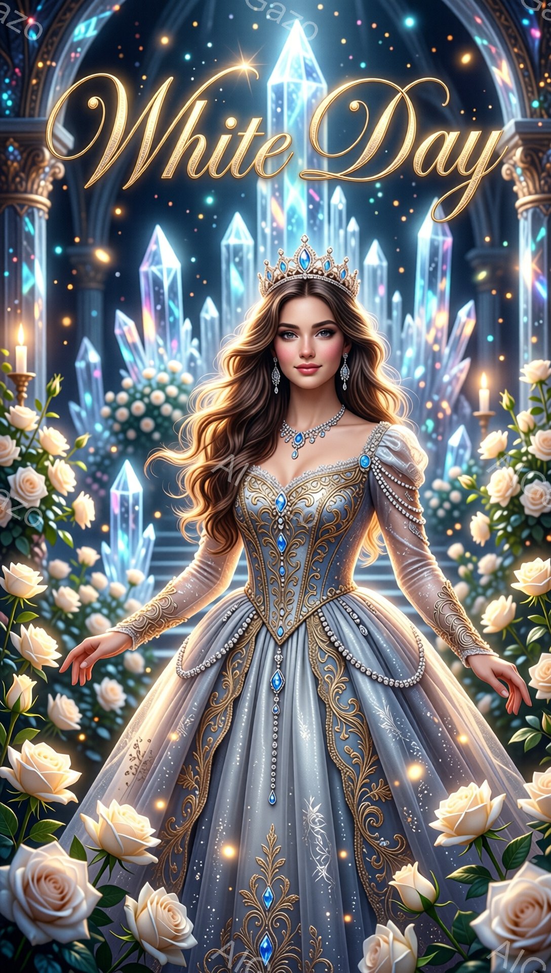 美しい女性が豪華なドレスを身につけ、優雅に立っています。彼女は金色の刺繍が施された、青い宝石があしらわれた薄茶色のガウンを着ており、頭にはティアラを戴いています。背景には、光り輝くクリスタルタワーと白いバラが咲き乱れ、まるで幻想的な物語の一場面のようです。