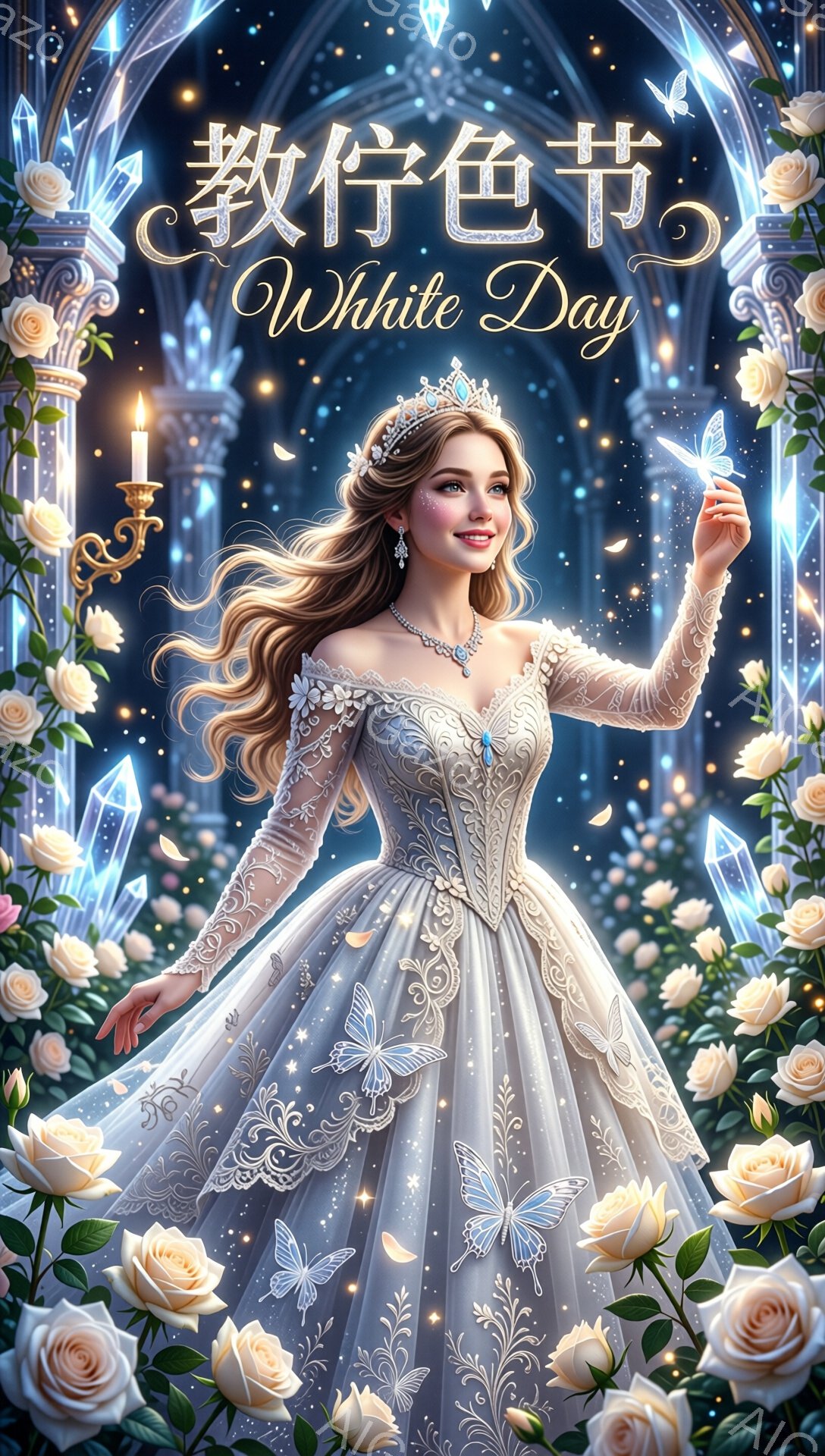 白い豪華なガウンを身に着けた女性が、背景のクリスタルや花々に囲まれて優雅に立っています。彼女は金髪をゆるくカールさせ、頭にはティアラをつけ、顔には穏やかな微笑みが浮かんでいます。空には蝶が舞い、まるで夢のような幻想的な雰囲気を醸し出しています。