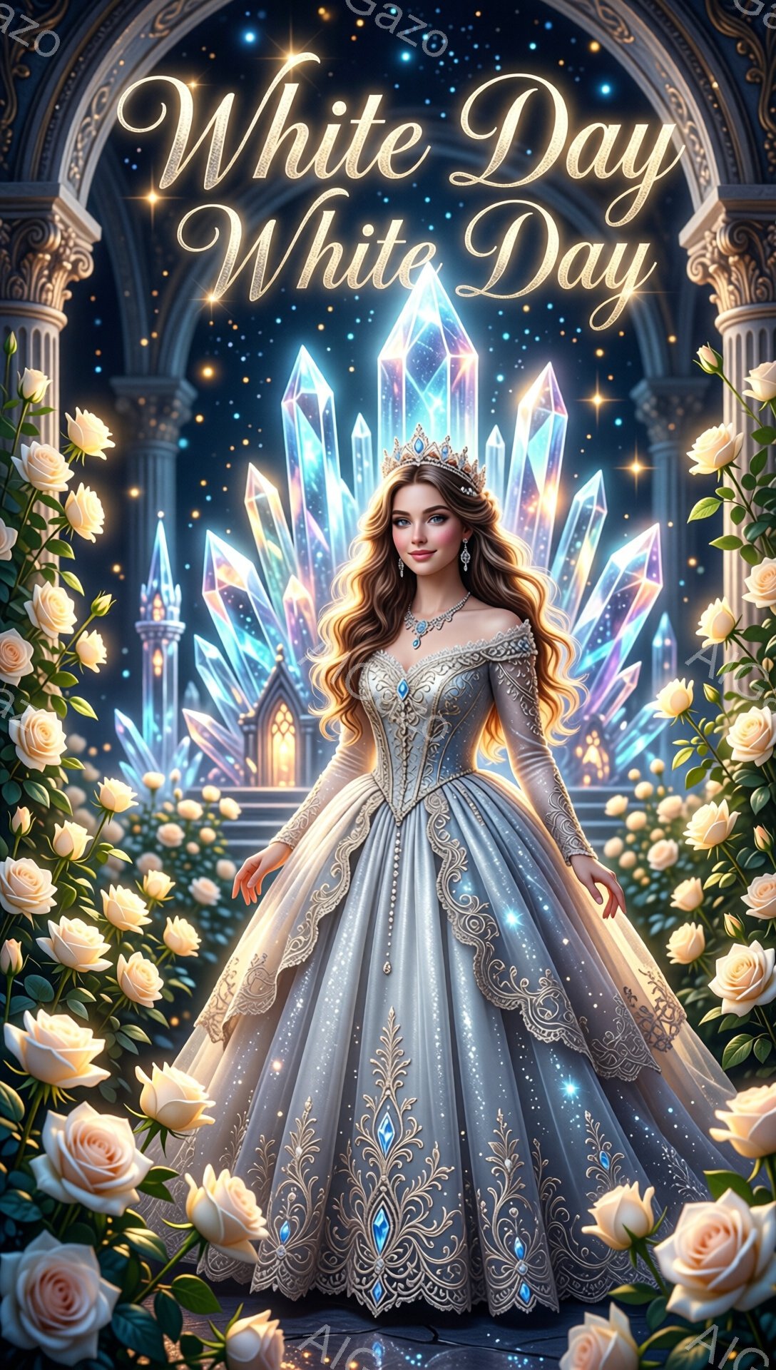 白いバラに囲まれた女性は、きらびやかな水色のガウンを身に着け、豪華なティアラとイヤリングを身につけています。彼女は優雅に立ち、片手を腰に当て、少し微笑んでいます。背景には、幻想的な輝きを放つ巨大な水晶 - AI生成フリー素材