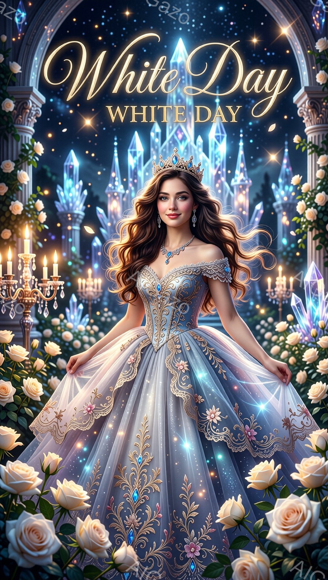 長い巻き毛の女性が、繊細な刺繍が施された水色のガウンとティアラを身に着け、優雅に立っている。彼女の周りには白バラが咲き乱れ、背後には幻想的な青い城と、夜空に輝く星々が広がっている。全体的に、夢のような、ロマンチックで、おとぎ話のような雰囲気を醸し出している。