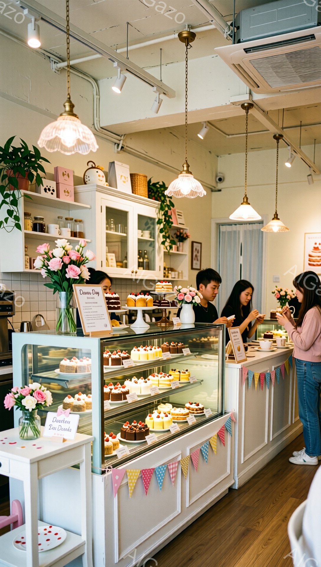 パティスリーの店内は、明るい木製の床と白い棚で、優雅で温かい雰囲気が漂っています。ショーケースには色とりどりのケーキやペイストリーが並び、女性店員がケーキを丁寧に梱包しています。男性客はショーケースを眺め、商品を選ぶ様子で、天井からは華やかなシャンデリアが光を放っています。