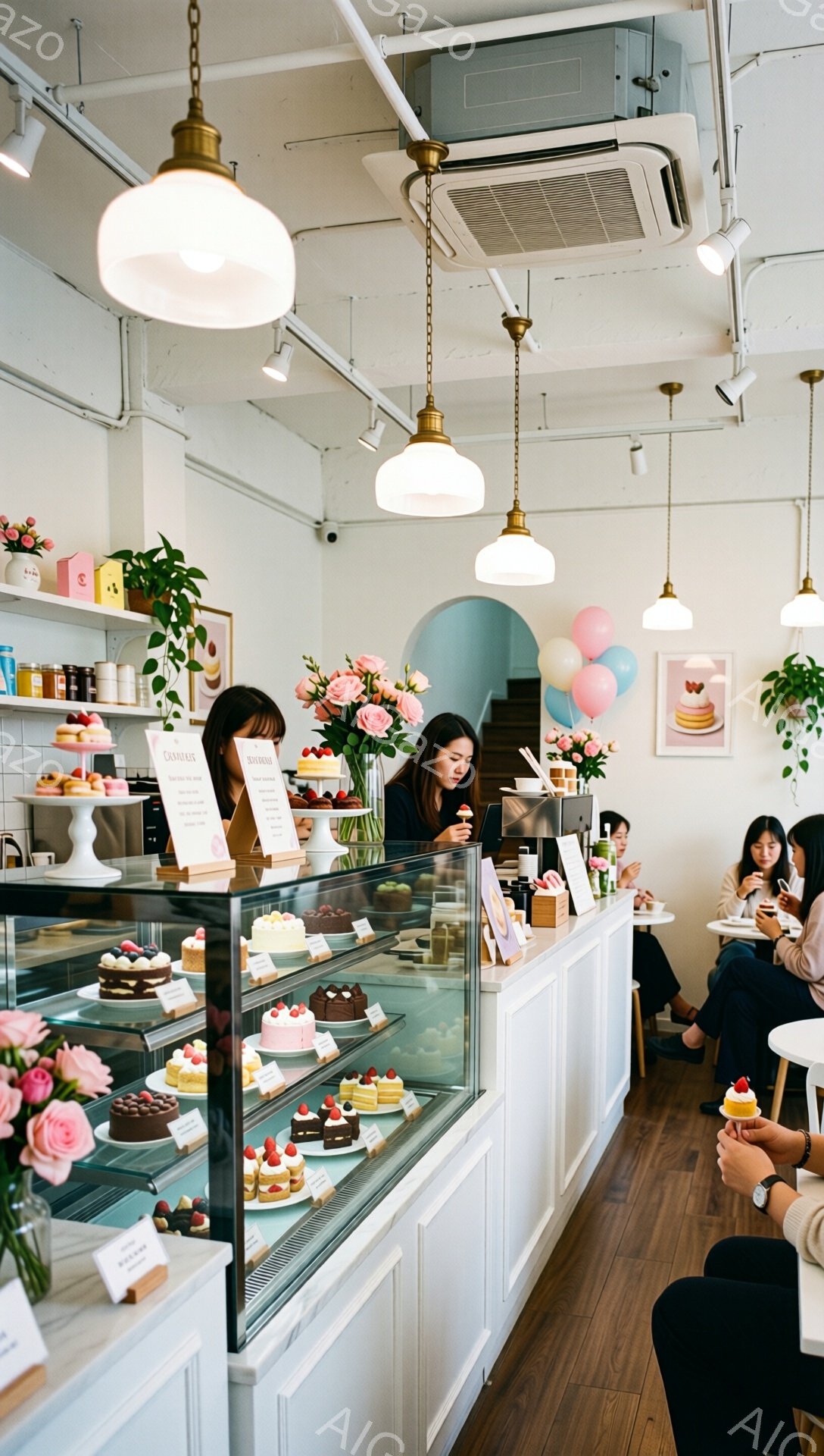 明るい店内には、ショーケースに様々なケーキや焼き菓子が並び、華やかな雰囲気が漂っています。女性店員は黒髪を後ろでまとめ、笑顔で客の注文を受けており、奥の客たちはテーブルでティータイムを楽しんでいるようです。パステルカラーの風船や花の装飾が可愛らしく、木製の床や白い壁が温かみを添えています。