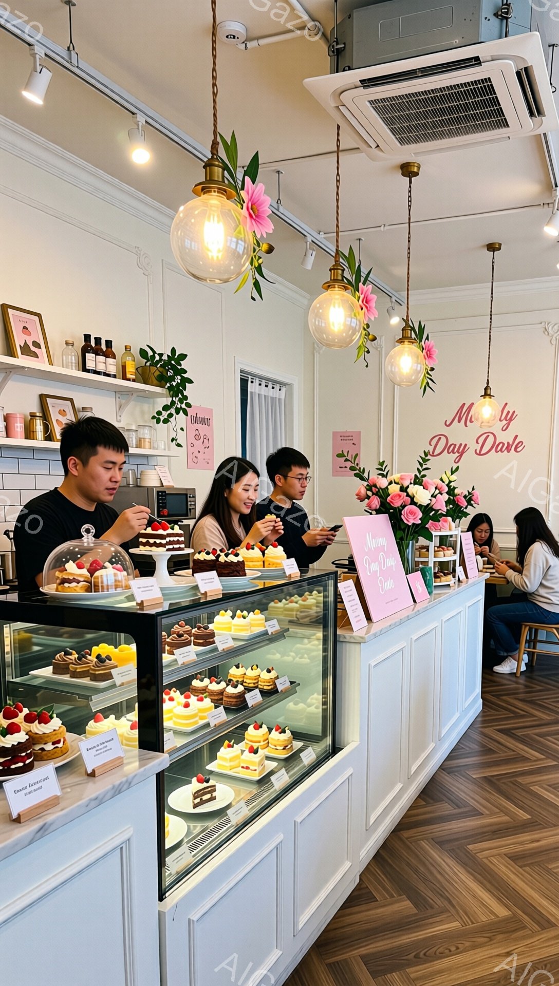 白を基調としたケーキ屋で、ショーケースには色とりどりのケーキが並んでいる。客たちはカウンター席に座り、ケーキを味わいながら談笑しているようで、皆リラックスした表情をしている。天井からはおしゃれなペンダントライトが吊り下げられ、背景には花や雑貨が飾られ、明るく華やかな雰囲気が漂っている。