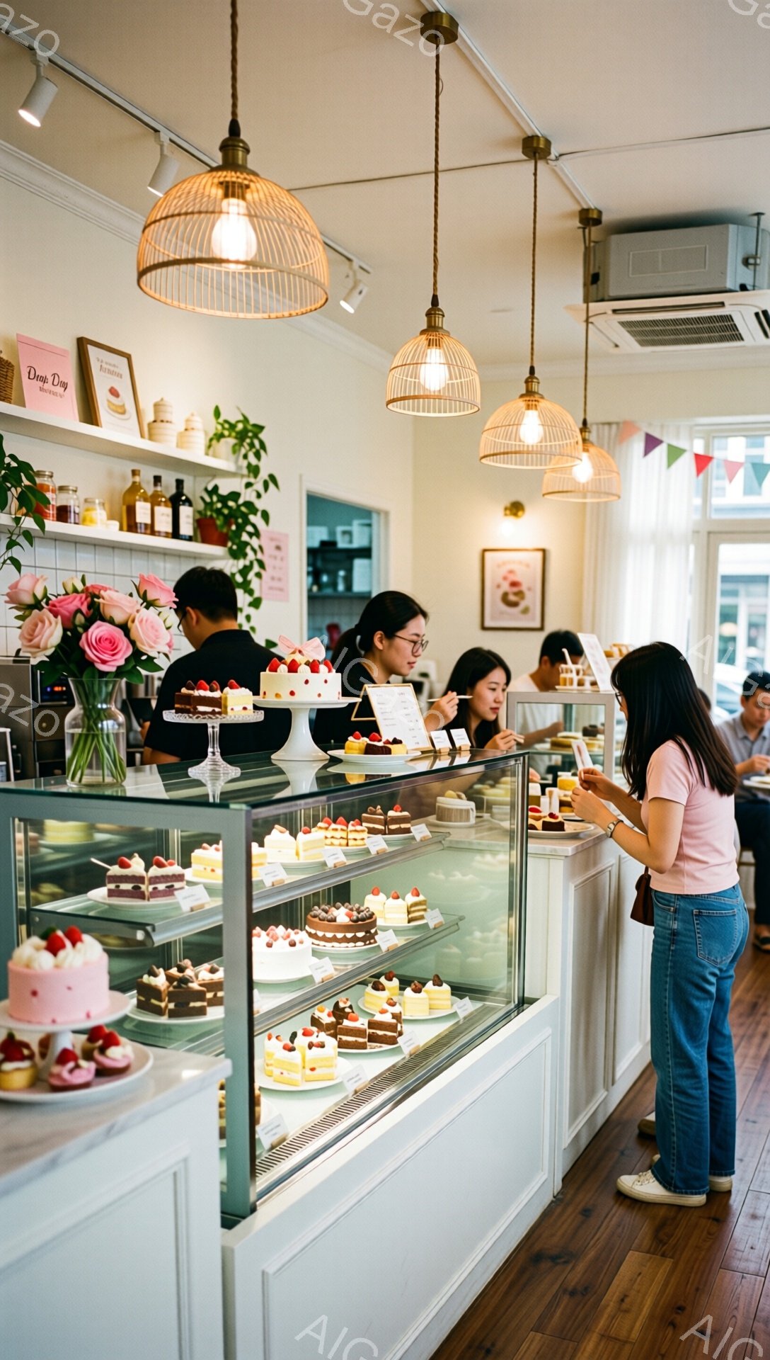 明るいケーキ屋で、ショーケースには様々な可愛らしいケーキが並べられています。女性客がカウンターの前でケーキを選びながら店員と話しており、奥には別の客がいます。白を基調とした店内は、木製の床と暖色の照明によって温かく、居心地の良い雰囲気です。