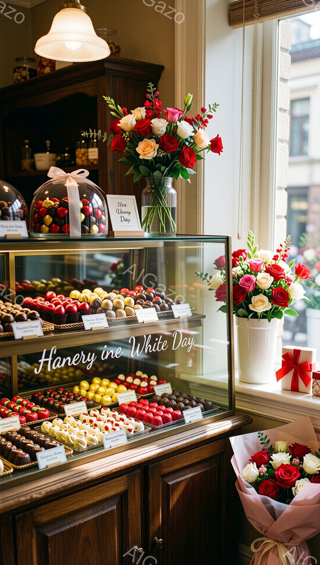 ショーケースには、色とりどりのチョコレートが整然と並べられています。背景には、赤やピンクの花束が置かれ、お店の窓の外には建物が見えます。全体的に甘く華やかな雰囲気で、バレンタインデーやホワイトデーのような特別な日の贈り物に適している様子が伝わってきます。