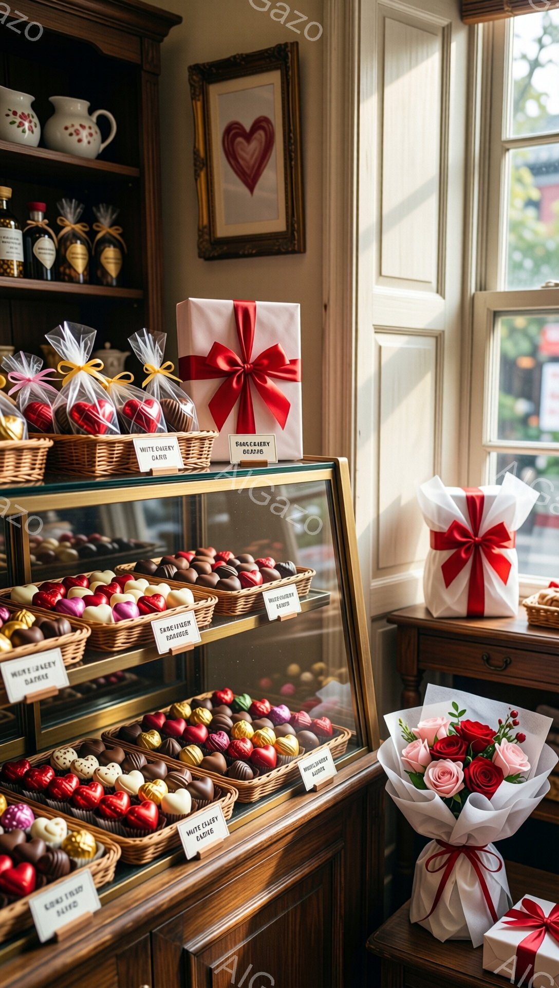 店内のショーケースには、様々な種類のチョコレートが丁寧に並べられています。赤いリボンで飾られたギフトボックスや、バラの花束が隣り合わせに置かれ、バレンタインデーや特別な日の贈り物にふさわしい、ロマンチックな雰囲気を醸し出しています。背景には、クラシカルな装飾が施された壁と窓があり、全体として暖かく、魅力的な空間を作り出しています。