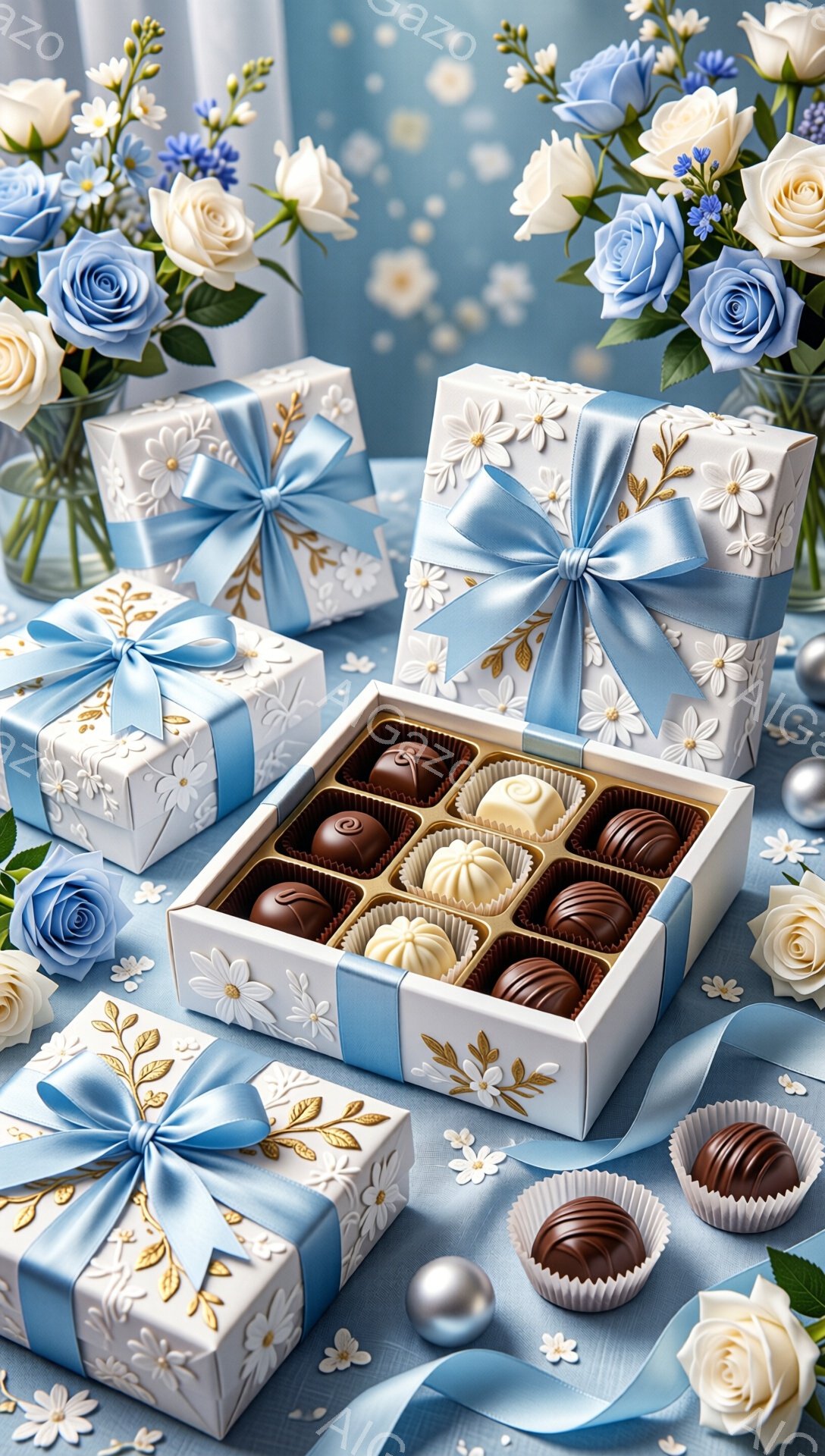 白いギフトボックスが、明るい水色のリボンで飾られ、テーブルの上に置かれています。チョコレートが並んだ、同様に水色の箱が中央にあり、テーブルには散らばったチョコレートと、銀色の小さな装飾がいくつかあります。背景には、青と白の花が飾られた花瓶があり、全体的に優雅で甘い雰囲気を醸し出しています。