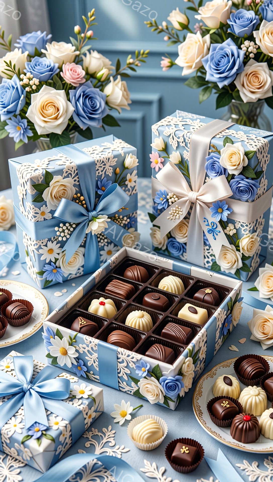 美しい青いギフトボックスとチョコレートがテーブルの上に並んでいます。ボックスは繊細な花柄で飾られ、明るい青いリボンで結ばれており、背景には青い花束が飾られています。全体的に、上品で洗練された雰囲気で、特別な日の贈り物やデザートの盛り合わせとして最適です。
