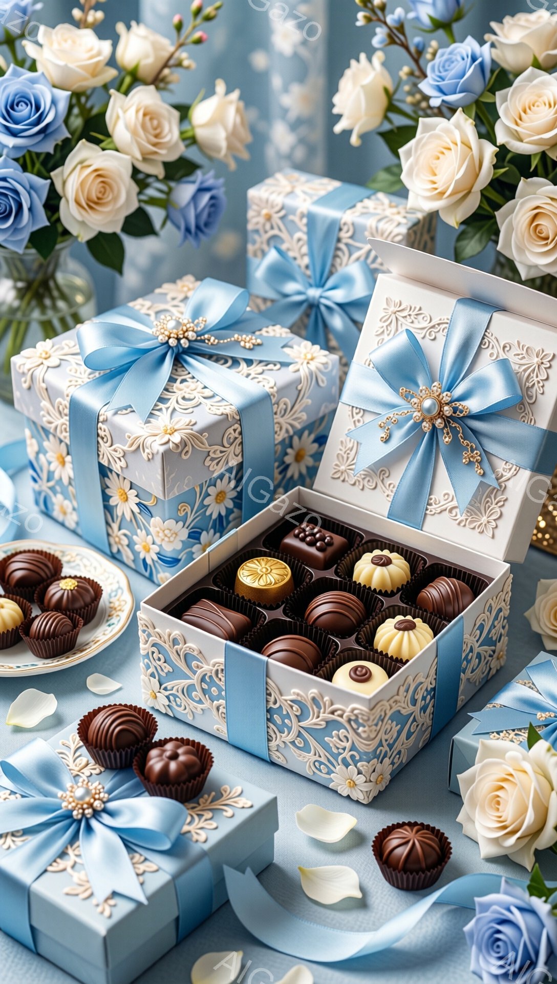 美しい青いギフトボックスとチョコレートが並んでいます。ボックスは繊細な花柄の模様で装飾され、輝くリボンで結ばれています。背景には、青と白のバラの花束が咲き誇り、優雅でロマンチックな雰囲気を醸し出しています。