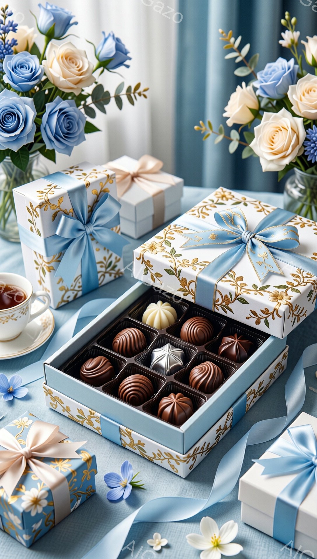 明るいブルーのテーブルの上に、チョコレートが入った開いた箱と、リボンで飾られたギフトボックスがいくつか置かれています。背景には、青と白のバラの花束があり、ソフトな光が全体を優しく照らしています。全体的に、優雅で甘い、特別な日の雰囲気が漂っています。