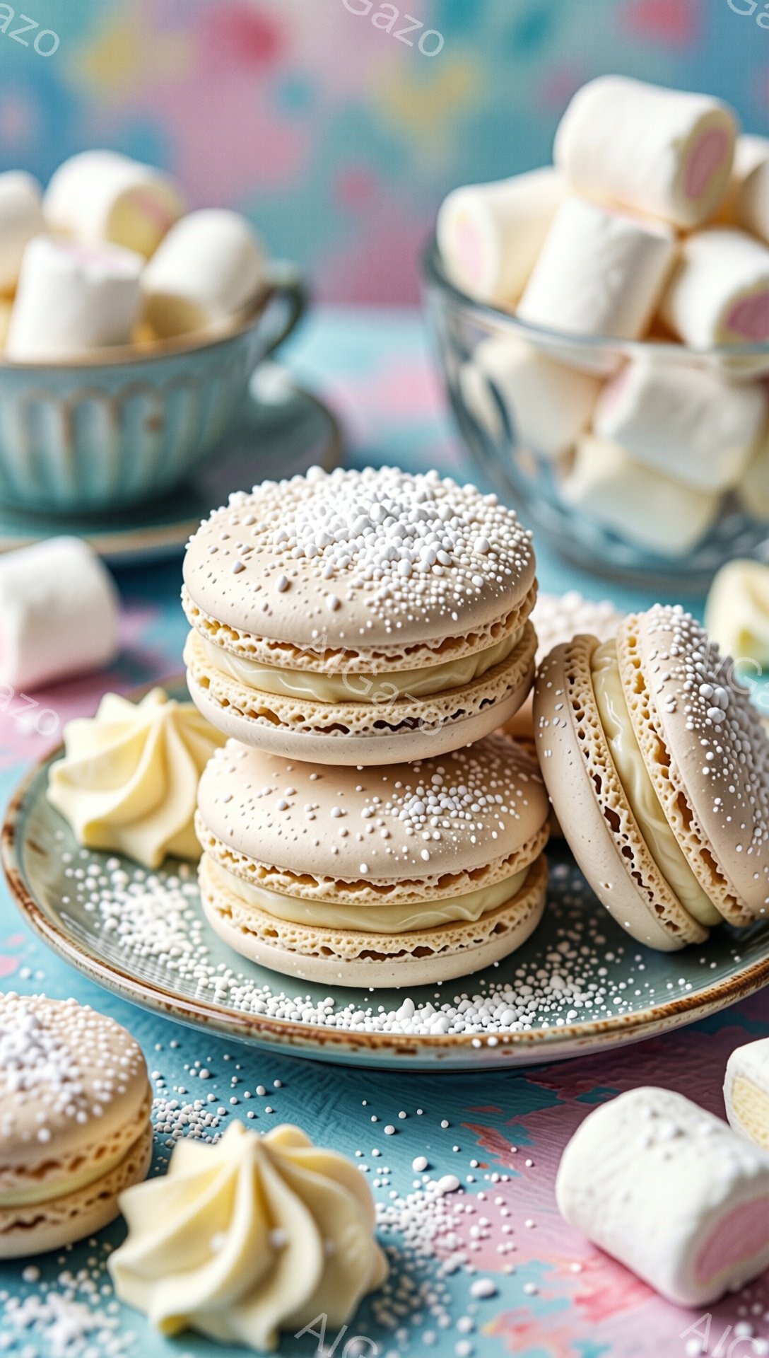 淡いピンクと水色の背景に、マカロンが積み上げられ、その周りには小さなメレンゲやピンクと白のマシュマロが散りばめられています。マカロンはクリーム色の優しい色合いで、表面には細かいスプリンクルが輝き、美味しさを引き立てています。全体的にパステルカラーが基調で、甘くて優しい、春らしい雰囲気です。