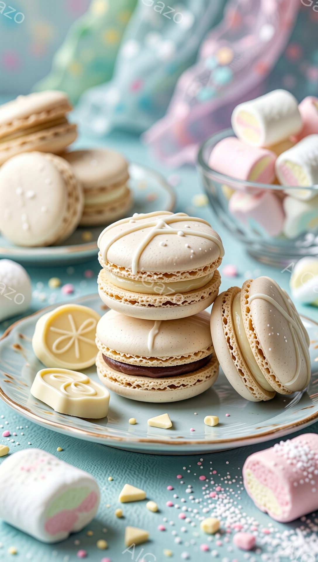 ターコイズブルーの皿の上に、マカロンが積み重ねられ、白いチョコレートの装飾が添えられています。背景には、パステルカラーのマシュマロがガラスの器に入っており、散りばめられたカラフルなスプリンクルが可愛らしい印象を与えています。全体として、明るく甘い雰囲気で、お菓子作りやティータイムを連想させる構図です。