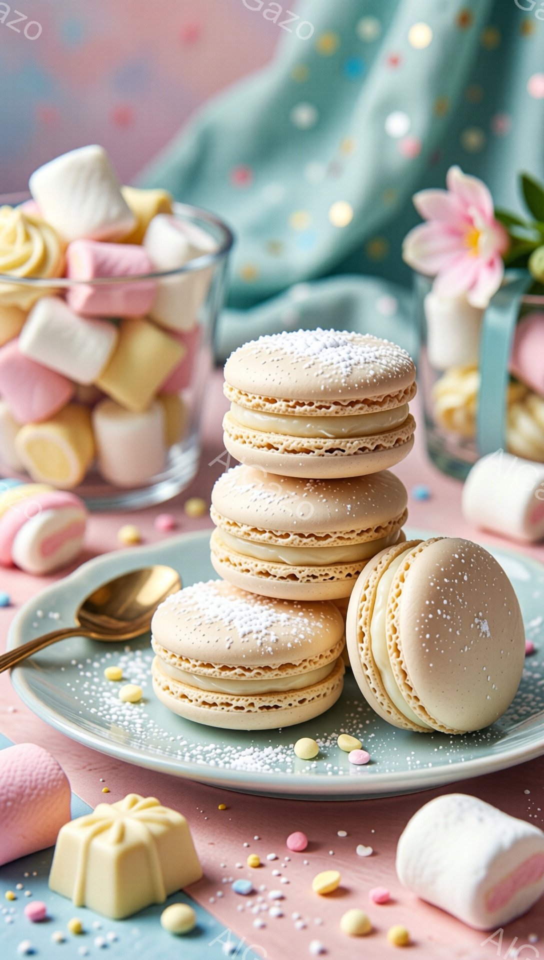 マカロンが積み重ねられた青い皿が画面の中心にあります。背景には、ピンクと青のパステルカラーの背景と、マシュマロ、チョコレート、花が散りばめられています。全体的に、柔らかく、甘くて、お祝いの雰囲気です。