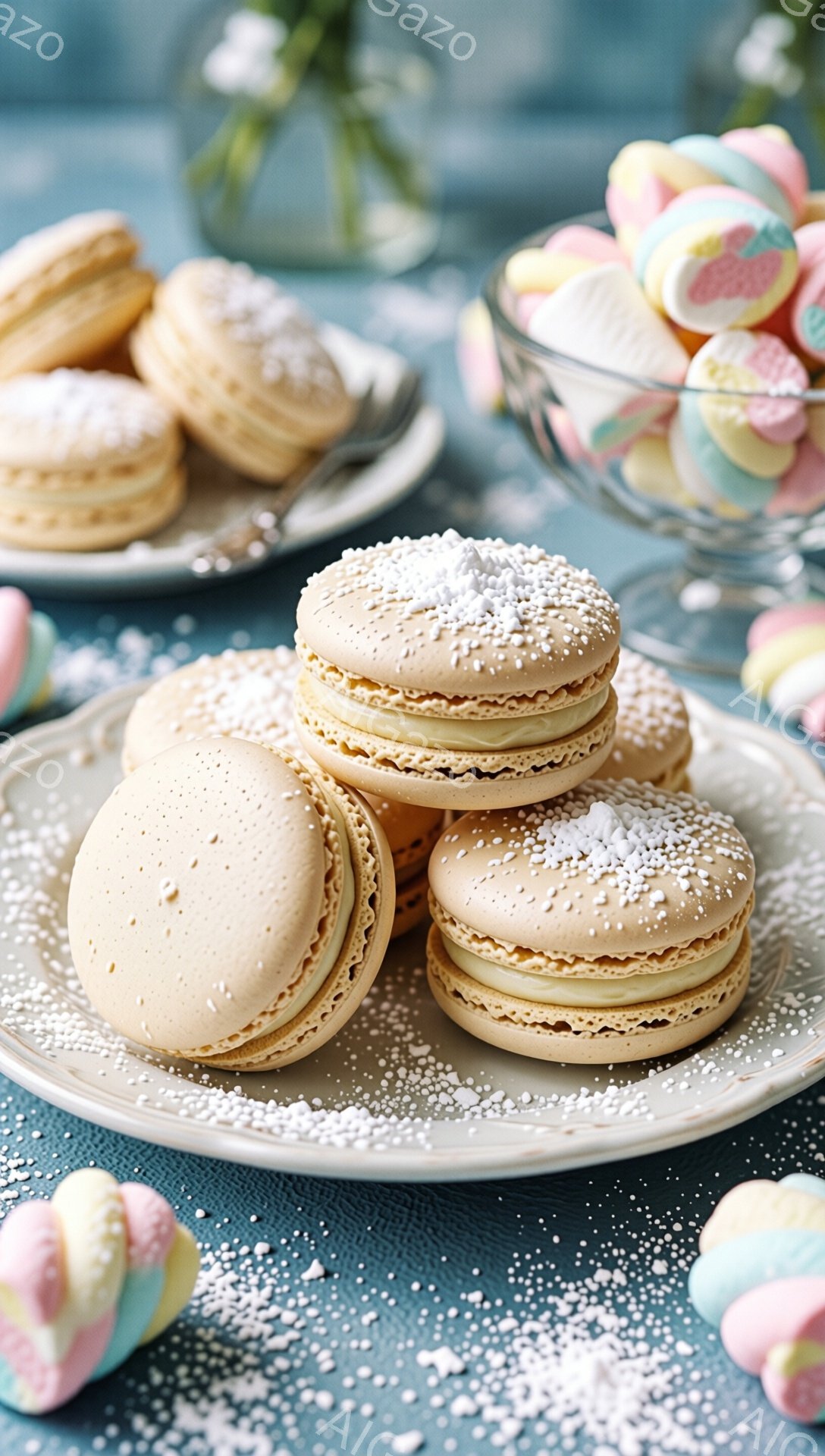 淡いベージュ色のマカロンが白い皿に積み重ねられ、粉砂糖が散りばめられています。背景には、色とりどりのマシュマロが入ったボウルと、ぼやけた花瓶が写っており、落ち着いた青色の背景が全体を彩っています。温かみのある色調と柔らかい光が、甘くて優しい雰囲気を醸し出しています。