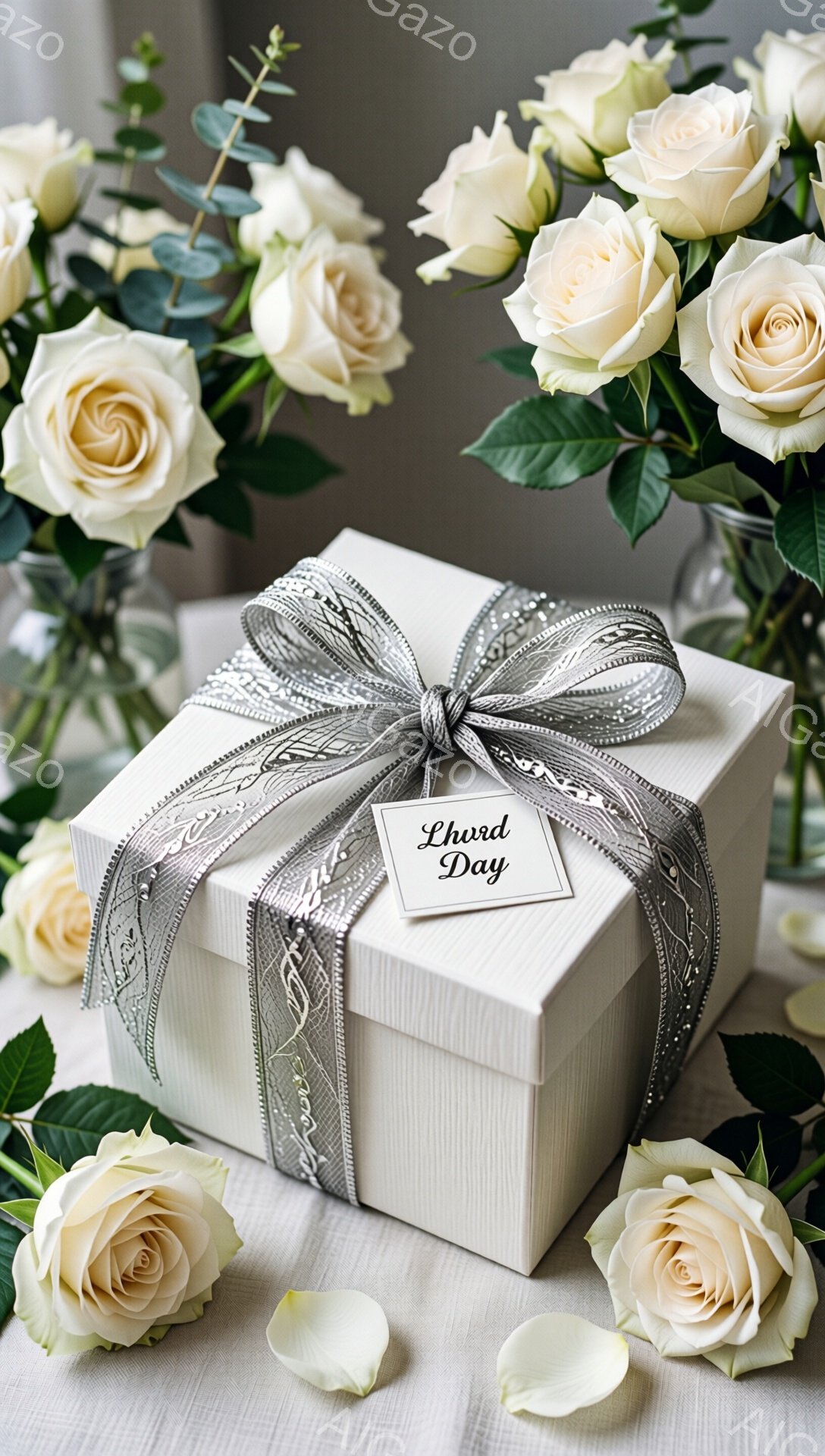 白いバラの花束と、銀色のリボンで飾られた白いギフトボックスが写っている。ギフトボックスには「Lhurd Day」と書かれた白いタグが付いており、優雅で上品な雰囲気を醸し出している。背景はぼやけており、花束とギフトボックスが際立っている。