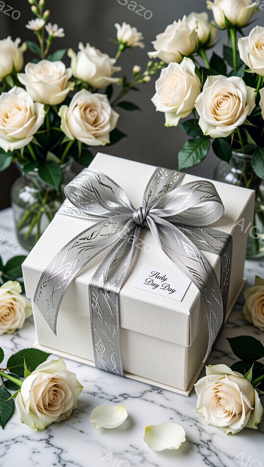 白いバラの花束と、リボンで飾られた白いギフトボックスが写っています。ギフトボックスには「Day」と書かれたタグが付いており、背景は白い大理石のテーブルです。全体的に優雅でロマンチックな雰囲気が漂っています。