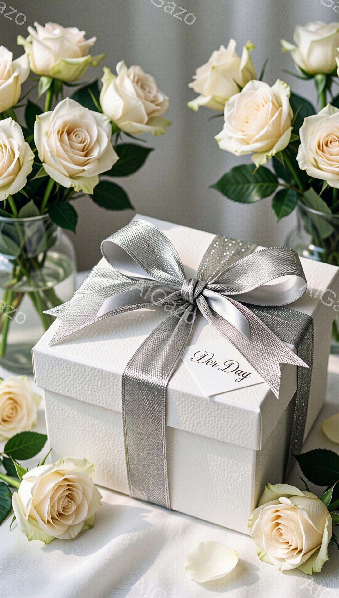 白いバラが飾られた白い布の上に、銀色のリボンで飾られた白いギフトボックスが置かれています。ギフトボックスには「Der Day」と書かれたタグが付いており、特別な日の贈り物を示唆しています。全体的に優雅でロマンチックな雰囲気で、結婚式や記念日などの特別なイベントを連想させます。