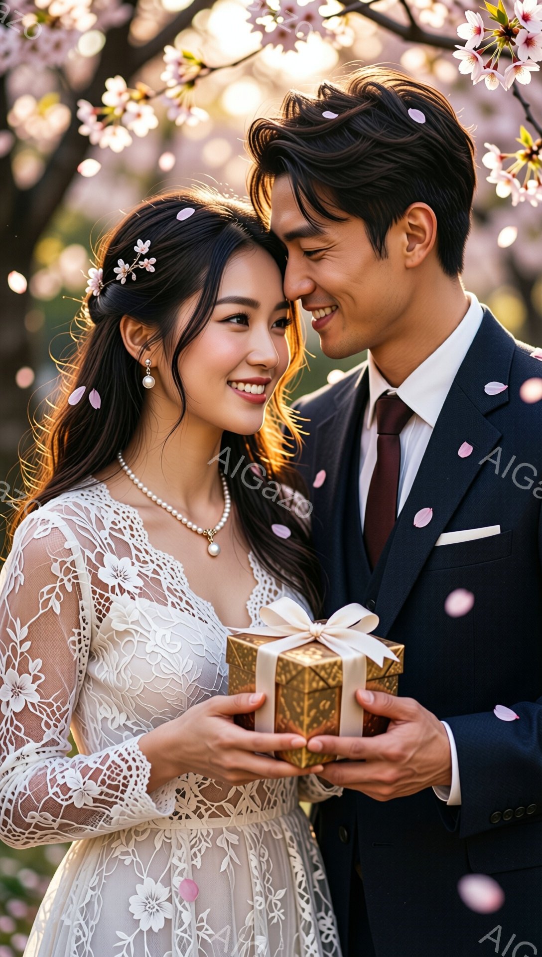 新郎新婦は桜の花びらが舞う中、幸せそうに微笑み合っています。新婦は繊細なレースのウェディングドレスを身につけ、真珠のネックレスとイヤリング、髪飾りをつけ、優雅な印象です。新郎は濃い青色のスーツに赤いネクタイを合わせ、新婦からプレゼントの箱を受け取ろうとしています。