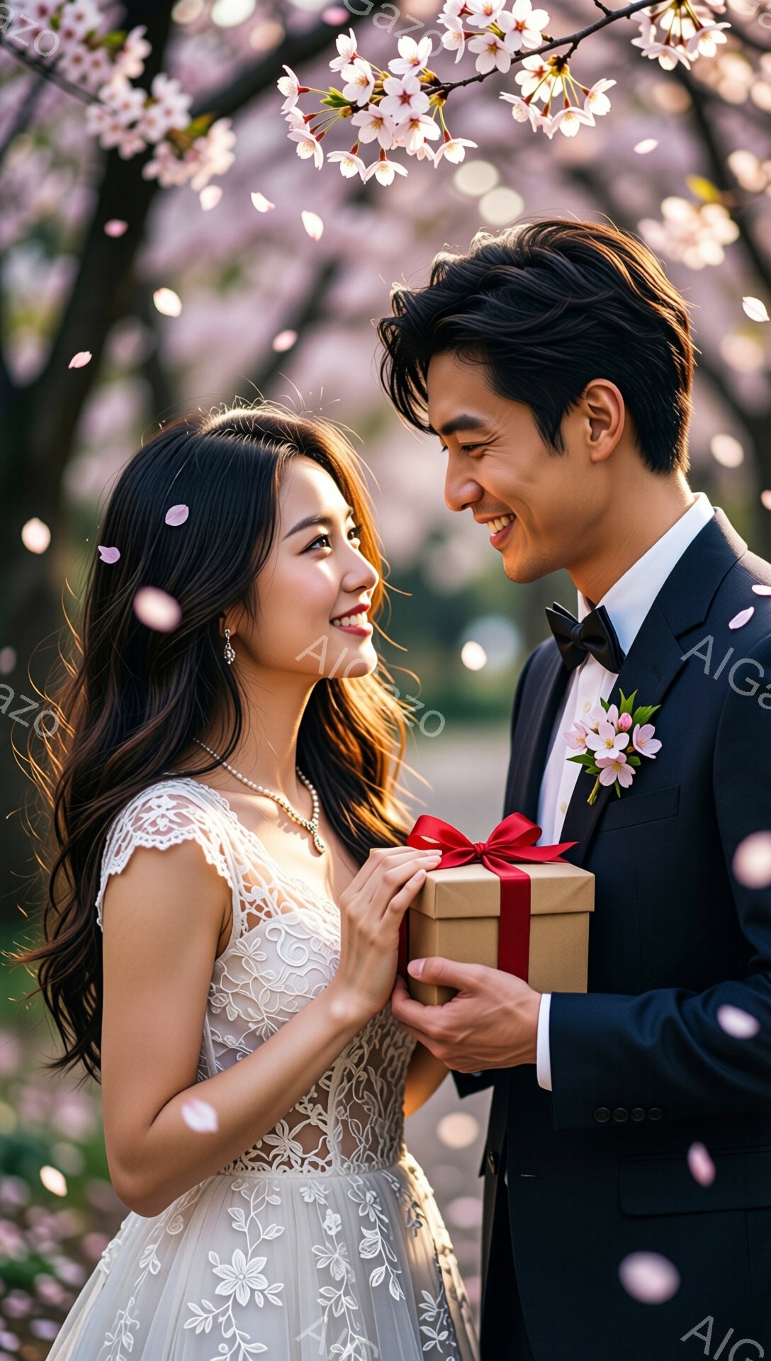 桜の花びらが舞う中、新郎新婦が寄り添い、穏やかな笑顔を浮かべている。新婦は白く繊細なレースのウェディングドレスに真珠のネックレスを身につけ、黒髪を優雅にカールさせている。新郎は黒いタキシードにボウタイ、胸元には白い花をあしらい、赤いリボンで結ばれたギフトボックスを新婦に差し出している。