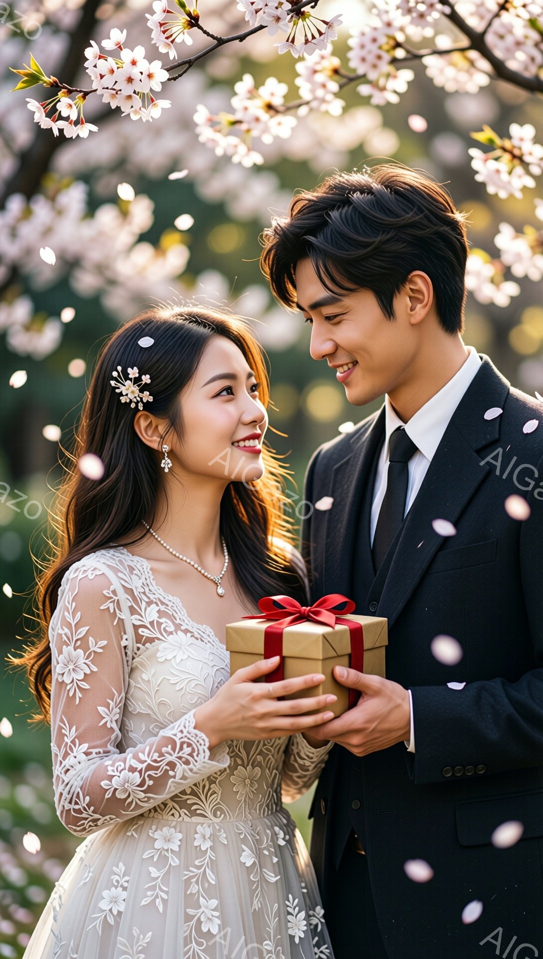 白いレースのウェディングドレスを身につけた女性と、黒いタキシード姿の男性が寄り添い、微笑み合っています。男性は赤いリボンで結ばれた小さなギフトボックスを女性に差し出しており、二人の間には桜の花びらが舞い散っています。背景には桜の木々が咲き誇り、春の暖かくロマンチックな雰囲気が漂っています。