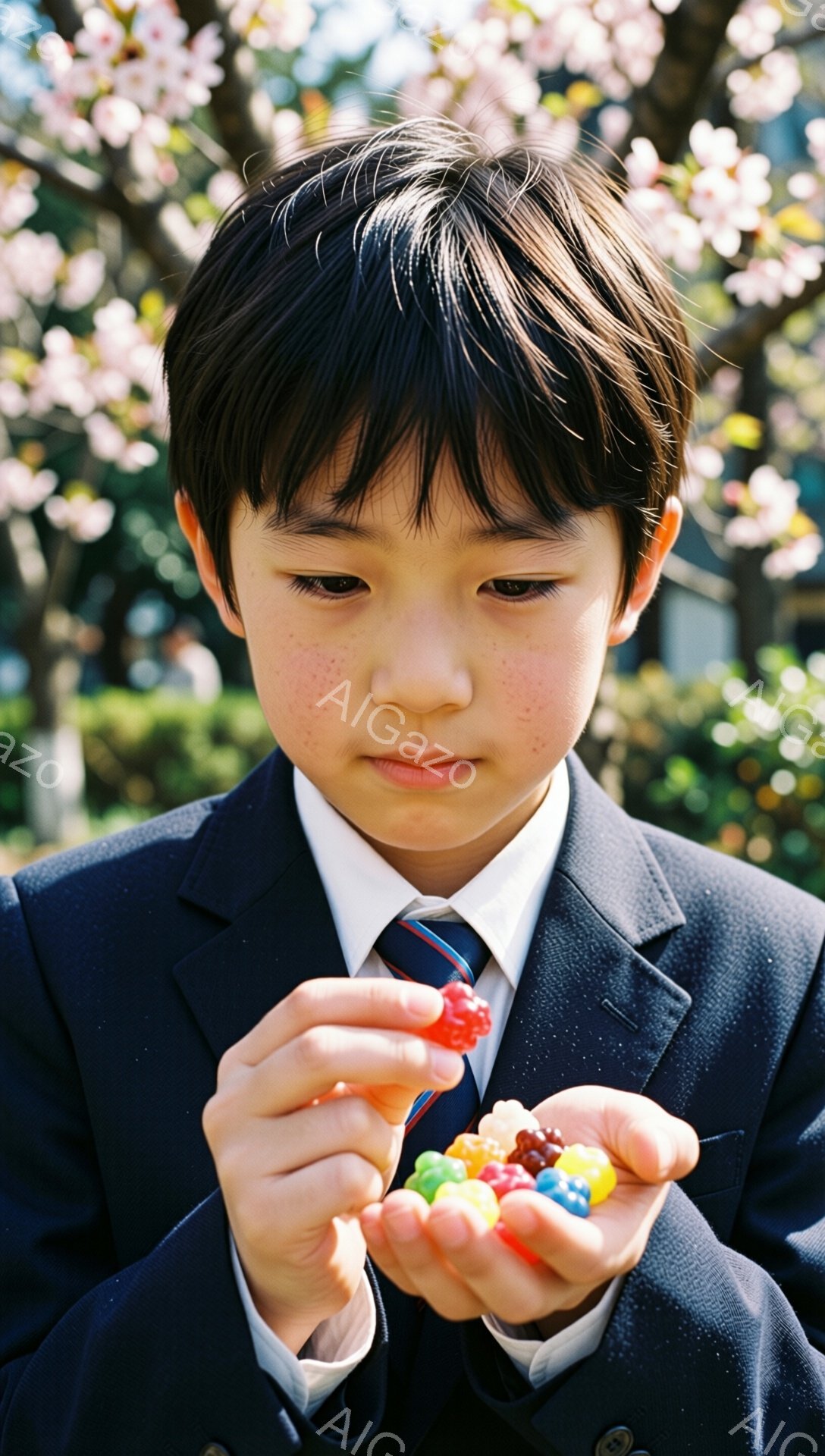 少年は紺色のブレザーとネクタイを着用し、桜の花びらが舞う中で色とりどりのキャンディを手に持っています。彼の表情は真剣で、まるで何かを吟味しているかのようです。背景にはぼんやりと建物と桜の木々が見え、春の穏やかな陽気に満ちた雰囲気が漂っています。