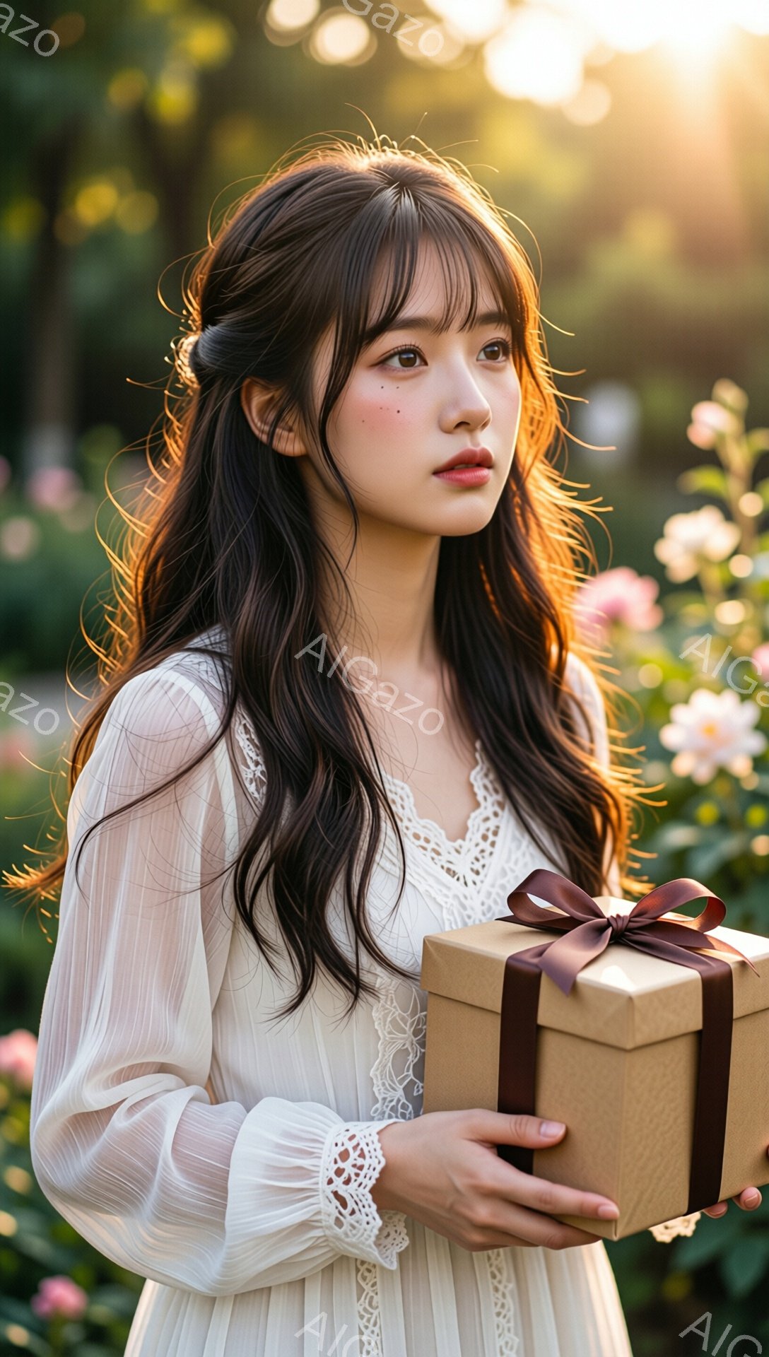 長いダークブラウンの髪を無造作に巻いた若い女性が、白いレースの袖が特徴的なワンピースを着ています。彼女は少し憂いを帯びた表情で遠くを見つめ、右手で茶色のリボンで結ばれたギフトボックスを持っています。背 - AI生成フリー素材
