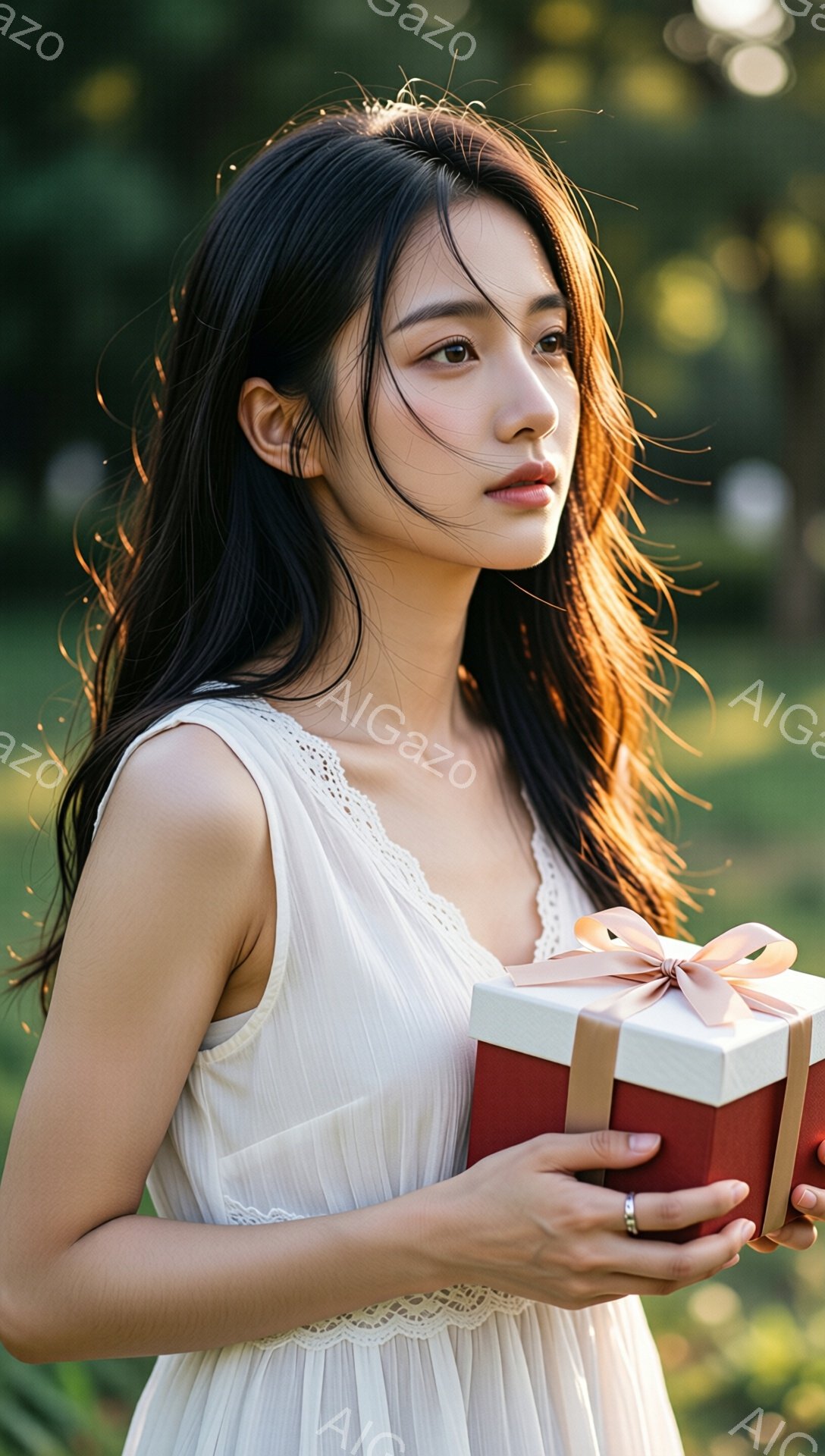 長い黒髪をなびかせ、白いレースの装飾が施されたキャミソールワンピースを着た女性が描かれています。彼女は赤いリボンのかかった赤いギフトボックスを抱え、少し横を向き、穏やかな表情を浮かべています。背景は緑 - AI生成フリー素材