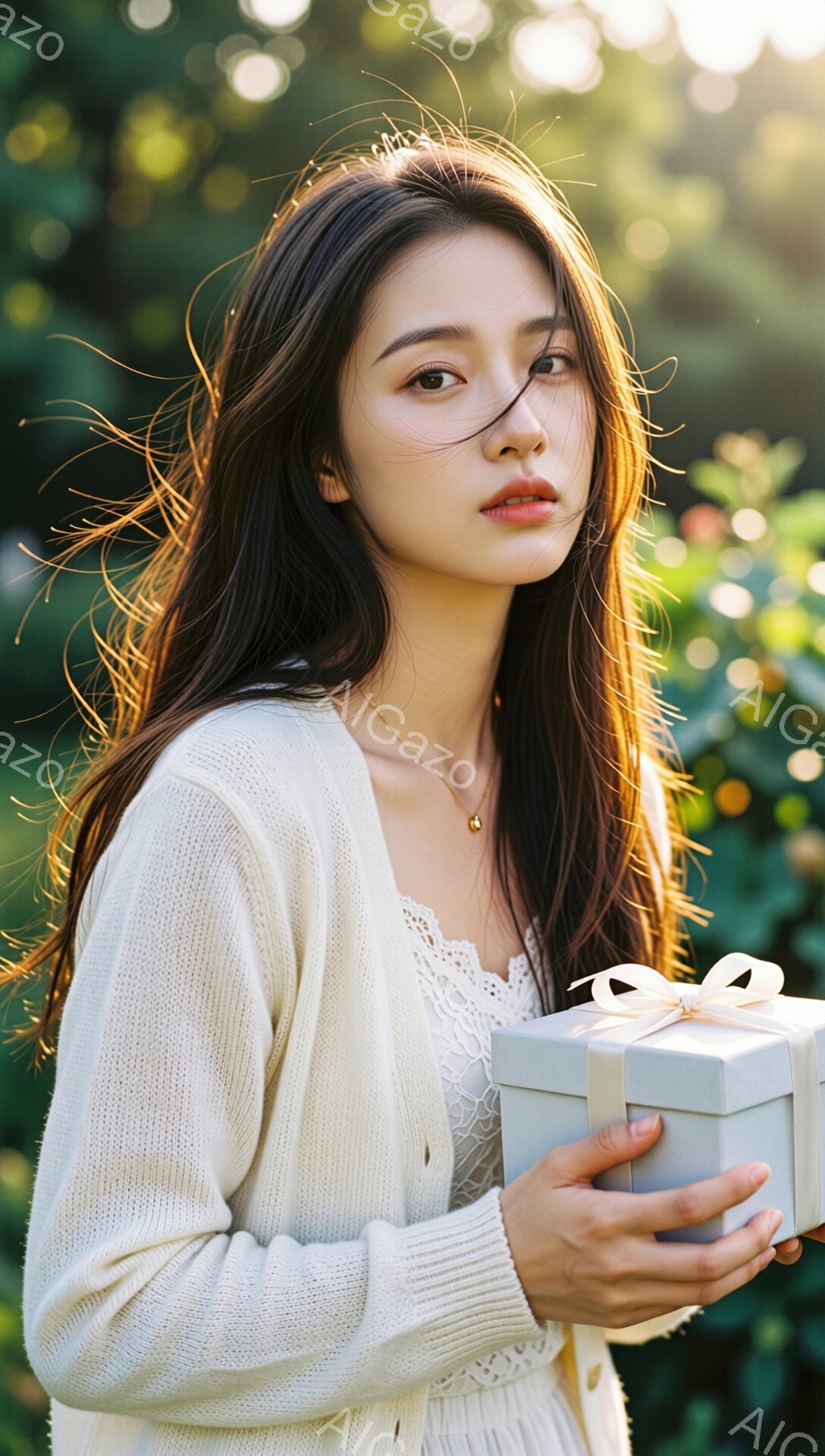 長いダークブラウンの髪を無造作に垂らし、白いレースのブラウスにオフホワイトのカーディガンを羽織った女性が写っている。彼女は少し微笑み、優しい表情で水色のリボンで飾られた灰色のギフトボックスを両手で抱え - AI生成フリー素材