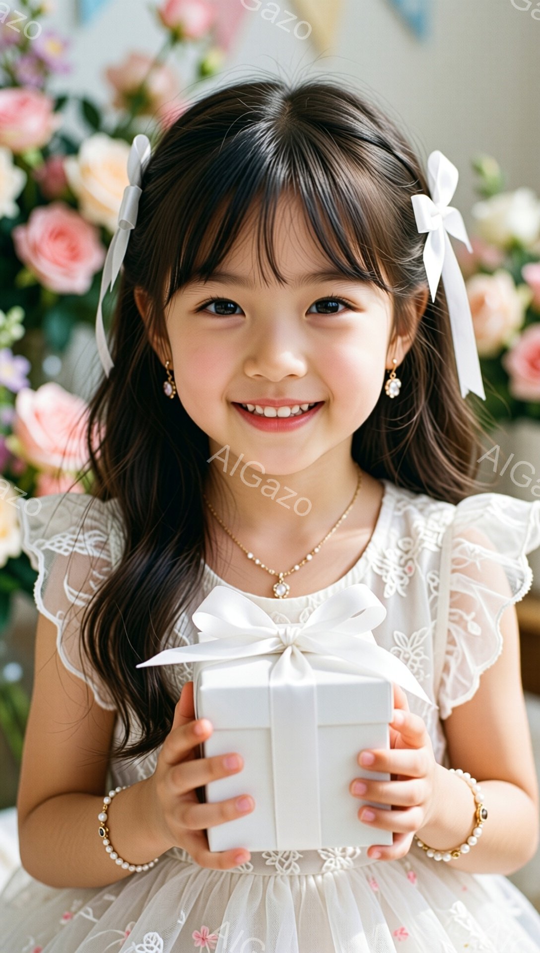 黒髪で可愛らしい女の子が、白いプレゼントボックスを両手で抱えています。フリルのついた白いドレスと、髪に結ばれた白いリボンが印象的で、顔には笑顔が溢れています。背景には淡いピンクや白の花が咲き乱れ、お祝 - AI生成フリー素材
